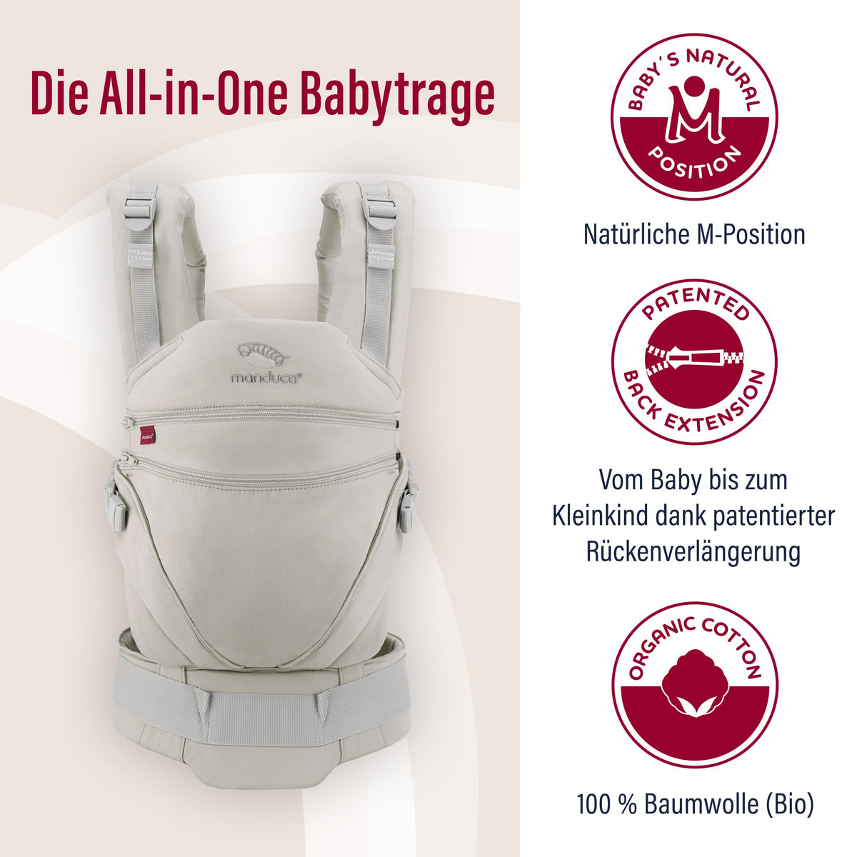 Manduca XT, portabebés con asiento ajustable, 3 posiciones de transporte (delantero, cadera y espalda), algodón orgánico, crece con tu bebé (3,5-20 kg), Monochrome Cloud, XT Cotton