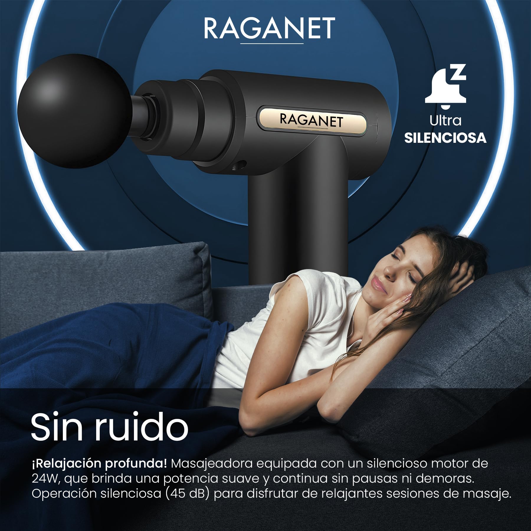 Raganet, Pistola Masajeadora con 4 Cabezas, Maquina Masajeadora de 6 Velocidades, Masaje Profesional Para Musculos, Ligamentos y Tejidos, Pistola Portatil, Carga USB (Color Negro)