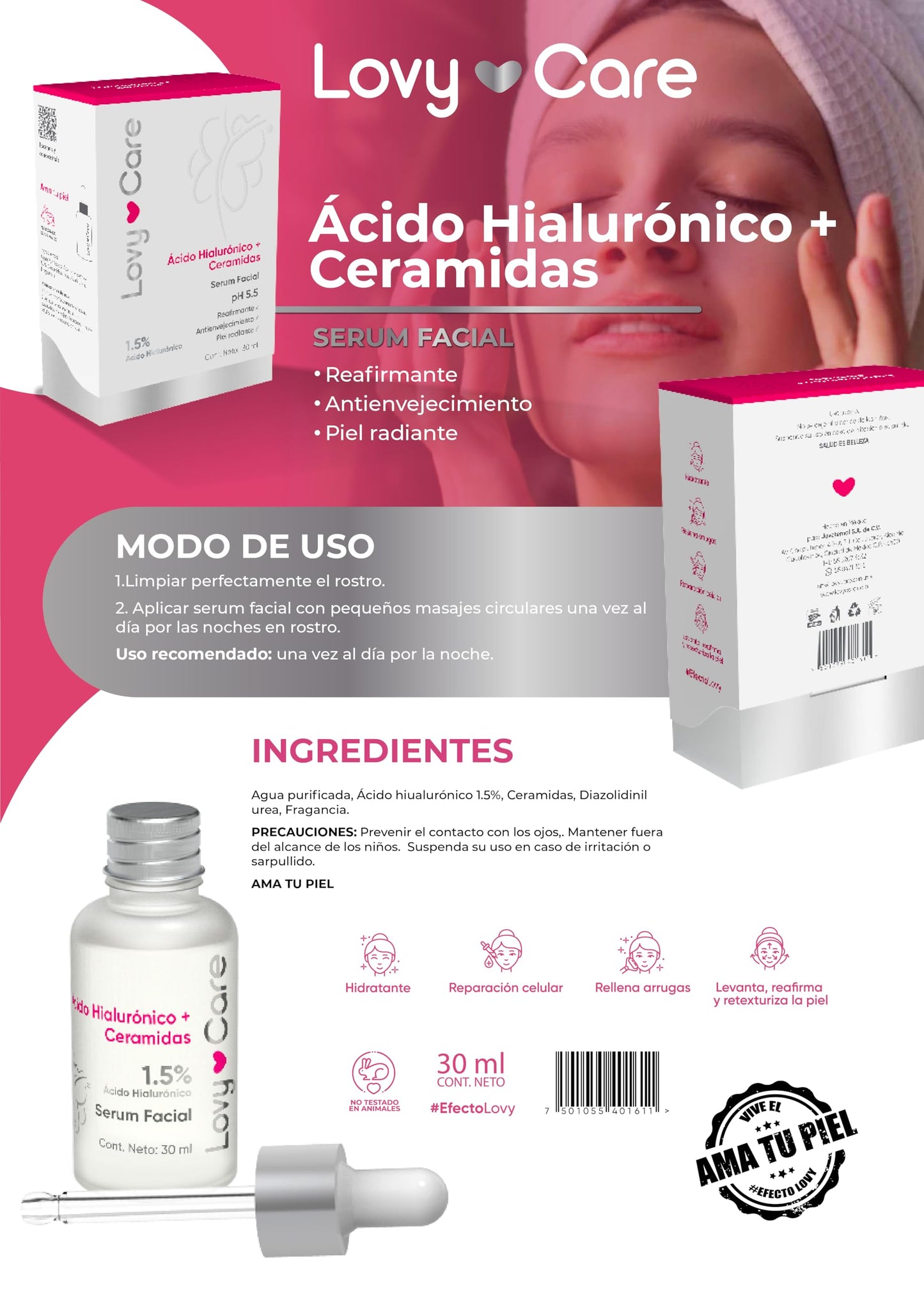 Lovy Care Ácido Hialurónico + Ceramidas Serum Facial pH 5.5 1.5 Ácido Hialurónico