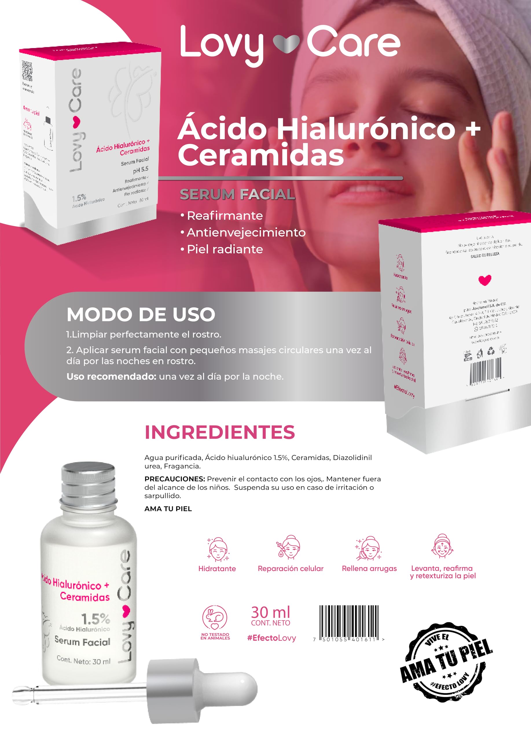 Lovy Care Ácido Hialurónico + Ceramidas Serum Facial pH 5.5 1.5 Ácido Hialurónico