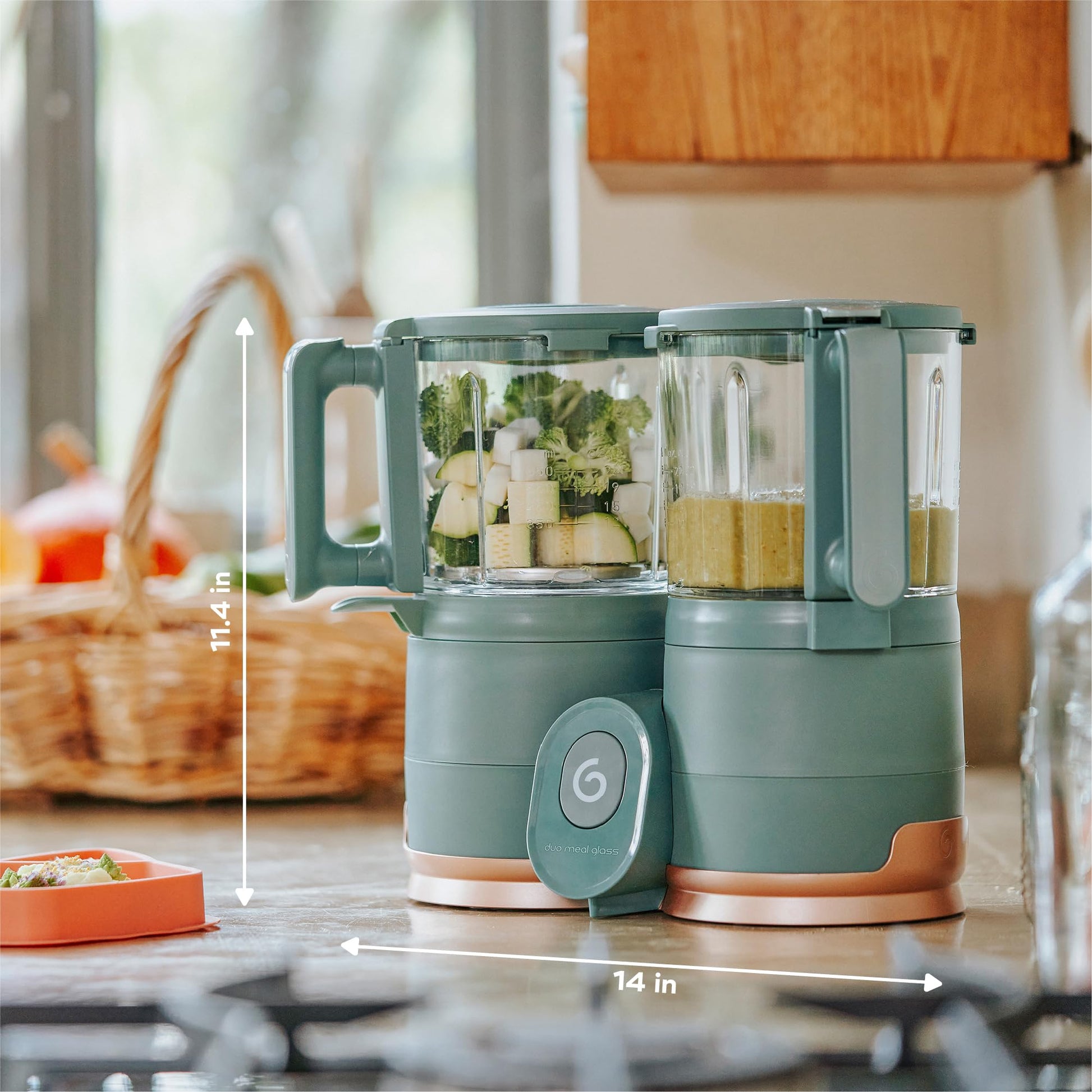 Babymoov Duo Meal de Vidrio 4 en 1: Procesador de Alimentos para Bebés con Vaporizador de Vidrio Incorporado, Cesta de Acero Inoxidable y Licuadora de Vidrio (Capacidad de Más de 6 Tazas), Verde