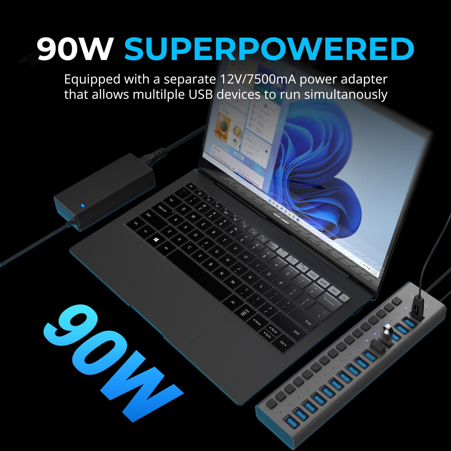 Hub USB 3.0 de 16 Puertos Sabrent Negro con Cargador y Interruptores Individuales