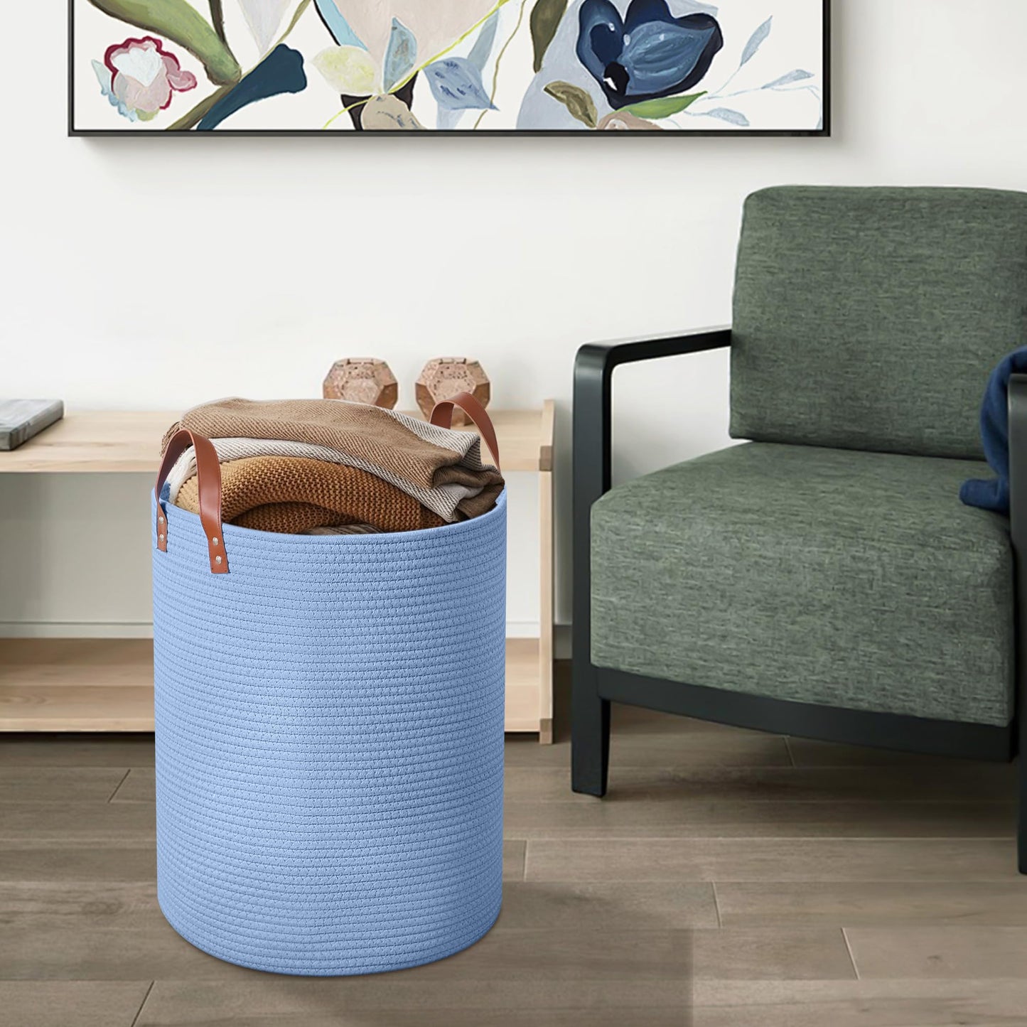 Wymulot - Cesta grande de cuerda de 80 l, cesta de almacenamiento de cuerda tejida con asas de piel, cesta de almacenamiento de juguetes para perros, recámara, almacenamiento de manta de guardería,