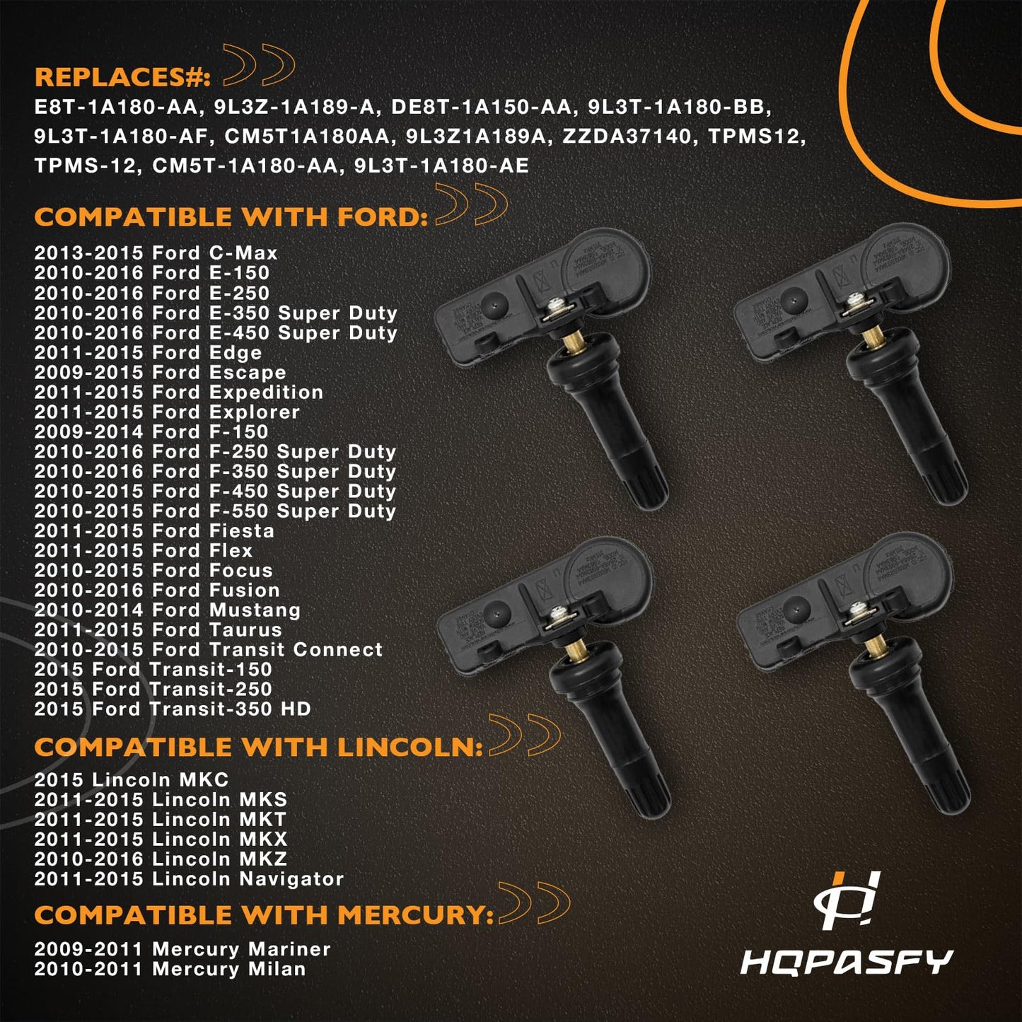 TPMS Sensor de presión de neumáticos 315 MHz, 4 piezas compatibles con Ford F250 F350 F450 Focus| Lincoln MKS Mercury Milan & More reemplaza # DE8T-1A180-AA, 9L3Z-1A189-A, CM5T-1A180-AA