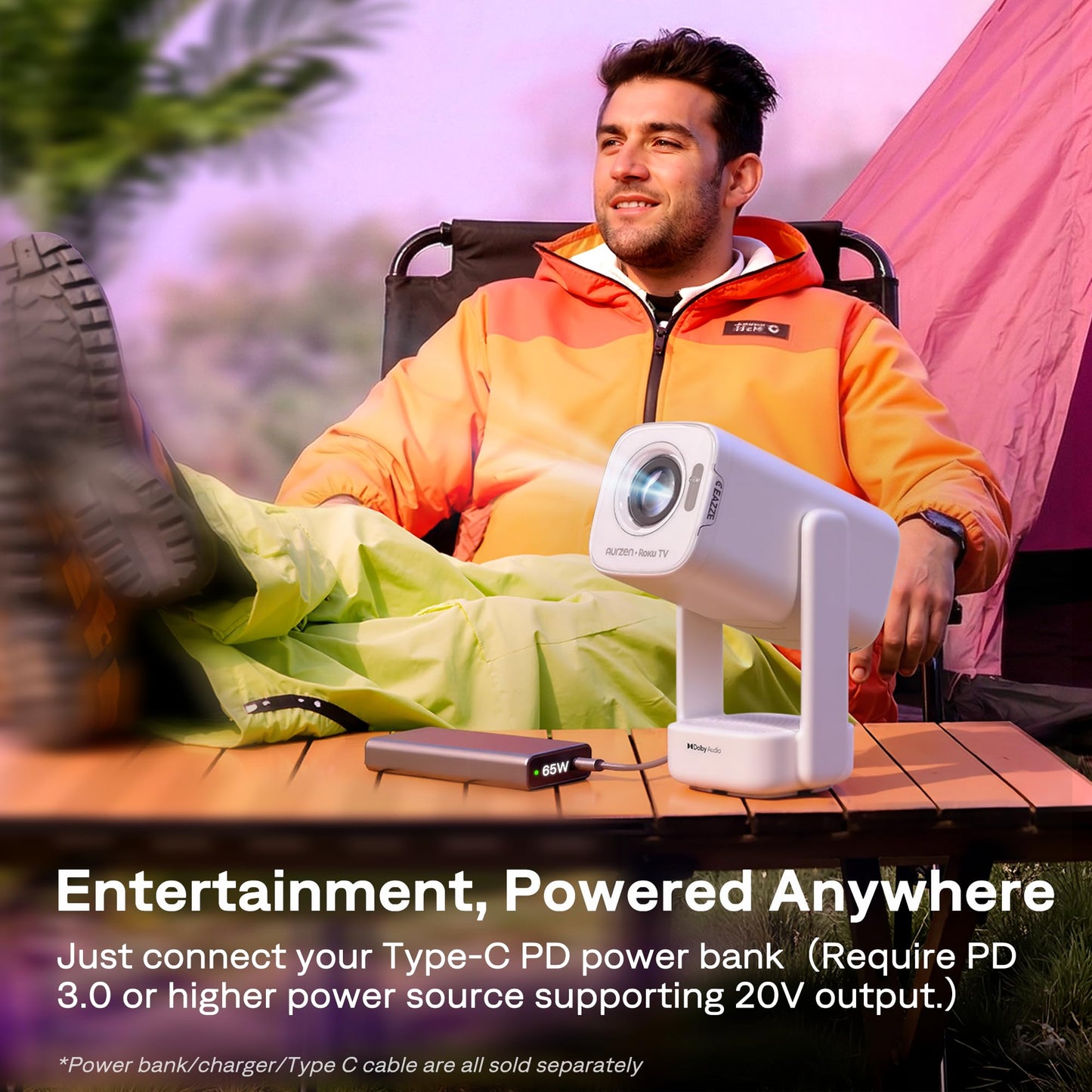 Aurzen Roku - Proyector inteligente para TV con Wifi y Bluetooth, D1R air Roku Streaming Experience incorporado, alimentado por USB-C, compatible con Native 1080P, compatible con 4K, audio DoIby