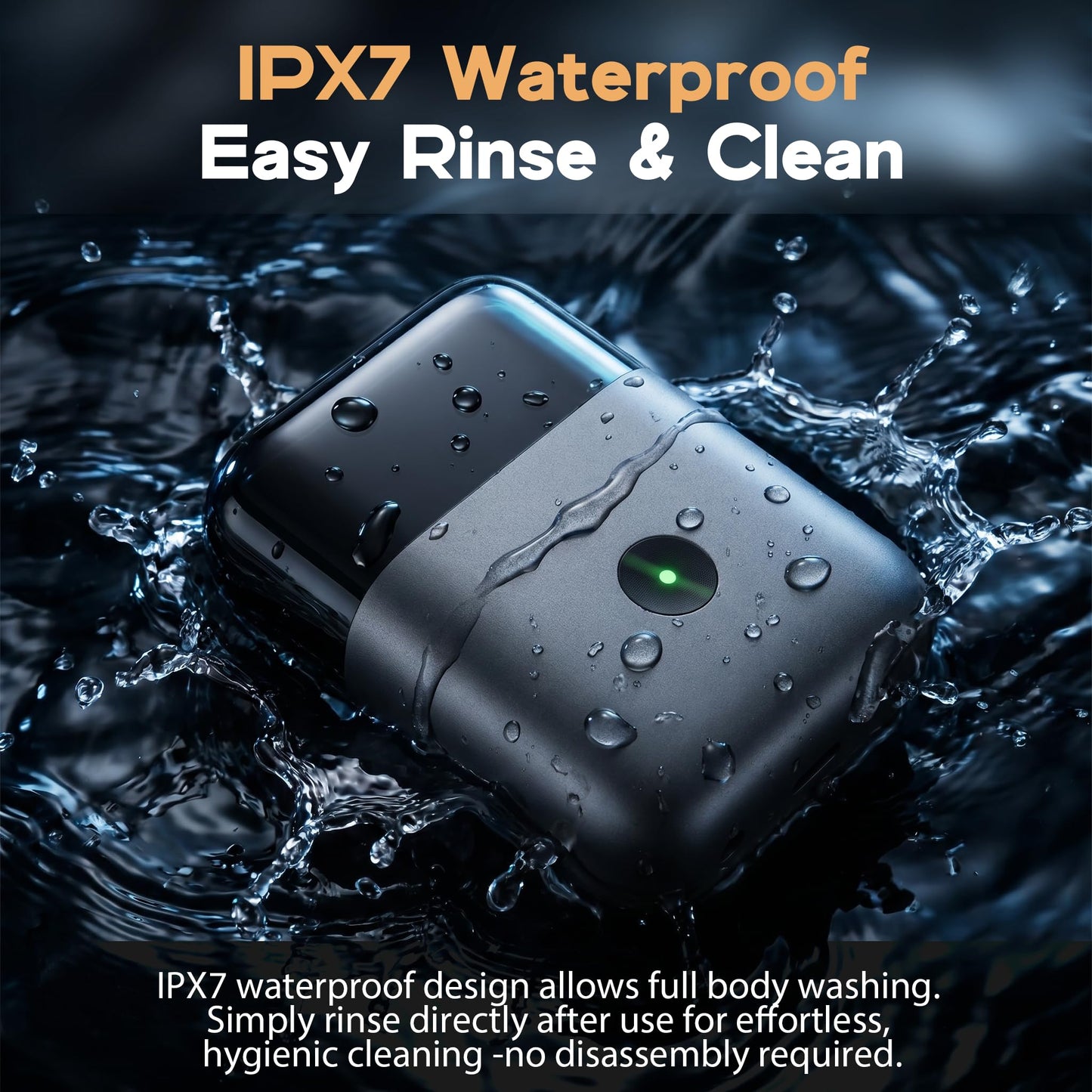 Maquinilla de afeitar eléctrica de viaje premium para hombres, ultra compacta IPX7 resistente al agua con indicador LED, carga rápida USB-C, 90 minutos de funcionamiento, diseño negro mate y naranja