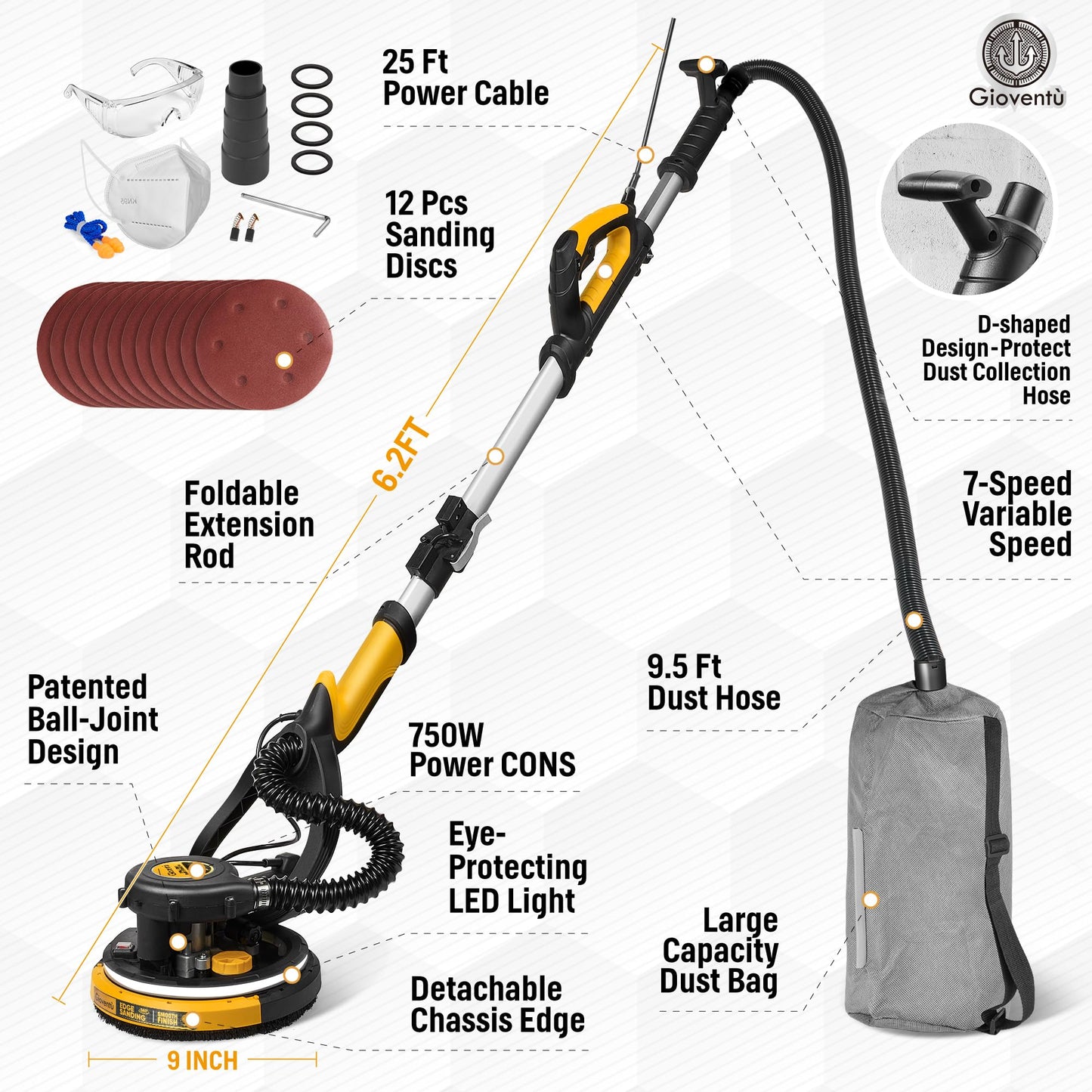 Lijadora Eléctrica de Yeso, Potente con Aspiradora, 7 Velocidades Variables de 750 W hasta 1800 RPM y Recolección de Polvo Automática