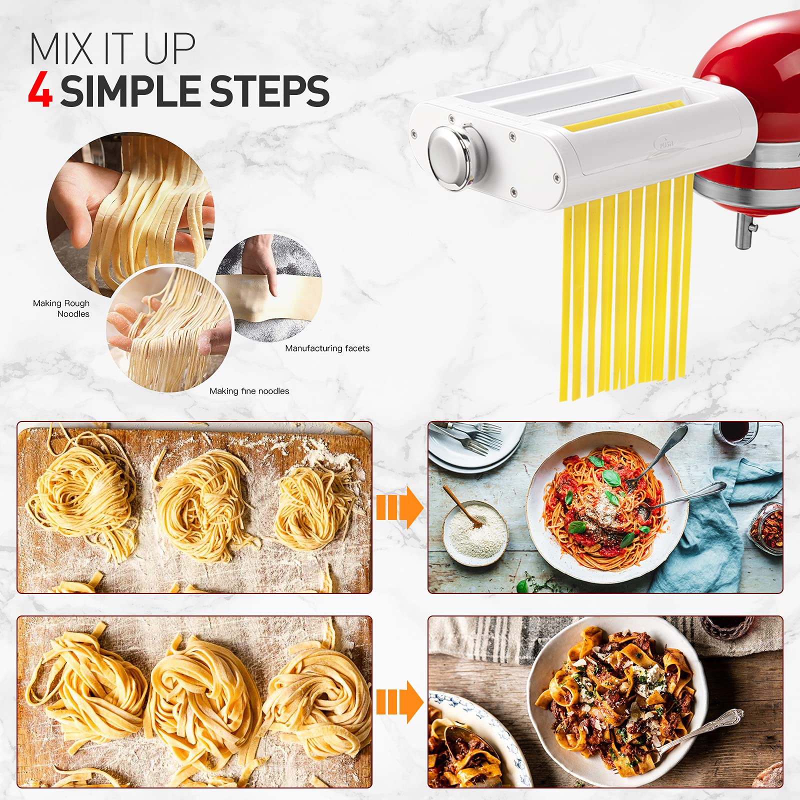 Antree Juego 3 en 1 para batidoras KitchenAid incluye rodillo de hoja de pasta, cortador de espaguetis, accesorios para cortador de fettuccine y cepillo para polvo de limpieza