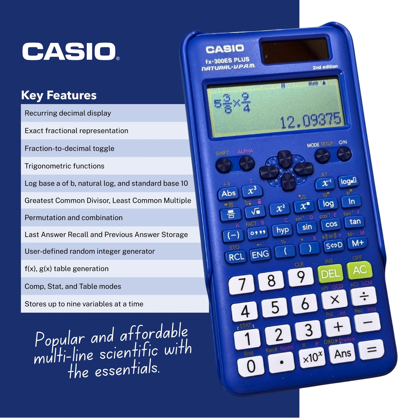 Casio fx-300ES Plus 2ª edición - Calculadora científica estándar | 262 Funciones, visualización de Libros de Texto Natural℠ | Ideal para Escuela Secundaria, matemáticas de Secundaria, estadísticas y