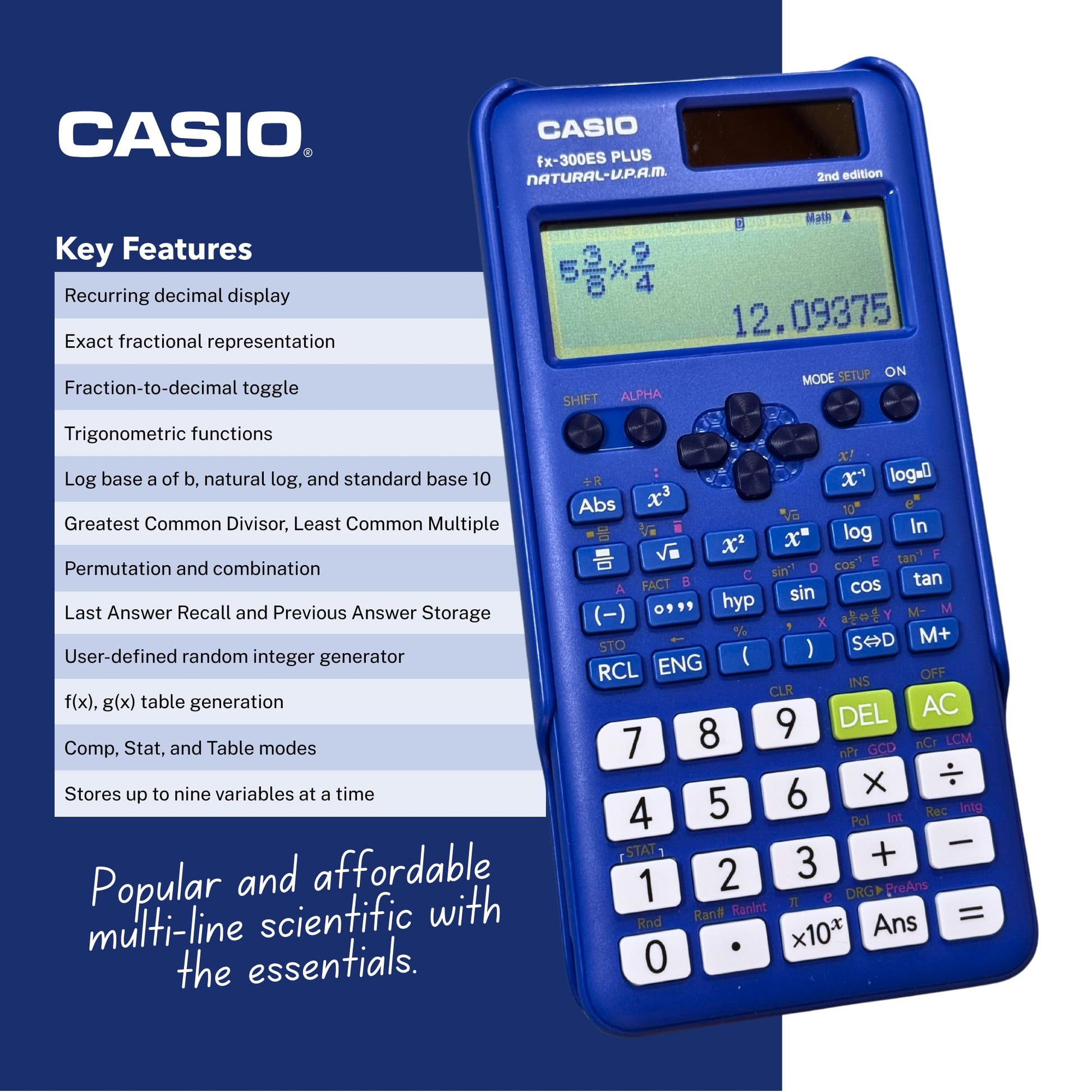 Casio fx-300ES Plus 2ª edición - Calculadora científica estándar | 262 Funciones, visualización de Libros de Texto Natural℠ | Ideal para Escuela Secundaria, matemáticas de Secundaria, estadísticas y
