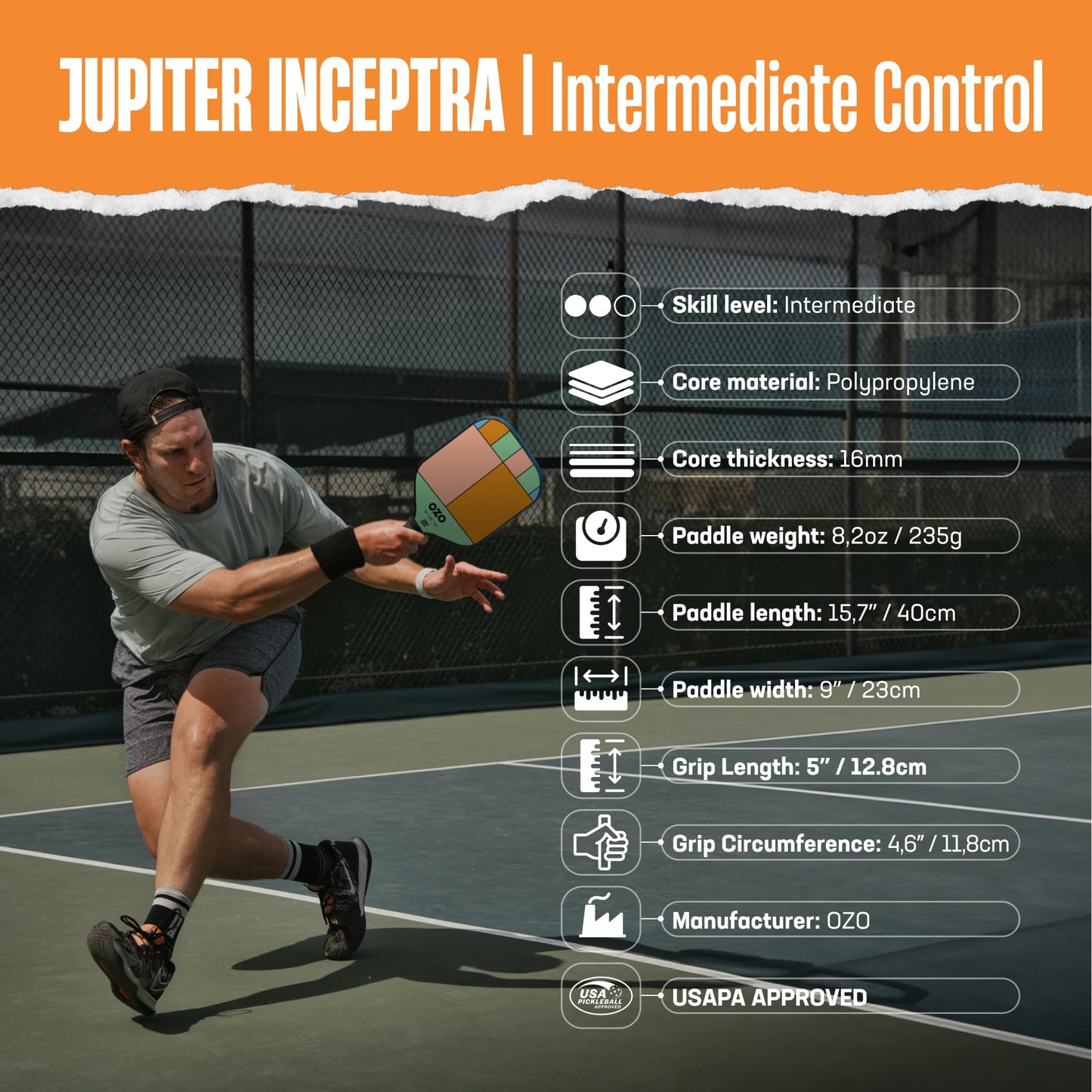 Paleta de Pickleball OZO Jupiter Chroma Grafito para Control Intermedio aprobada por USAPA