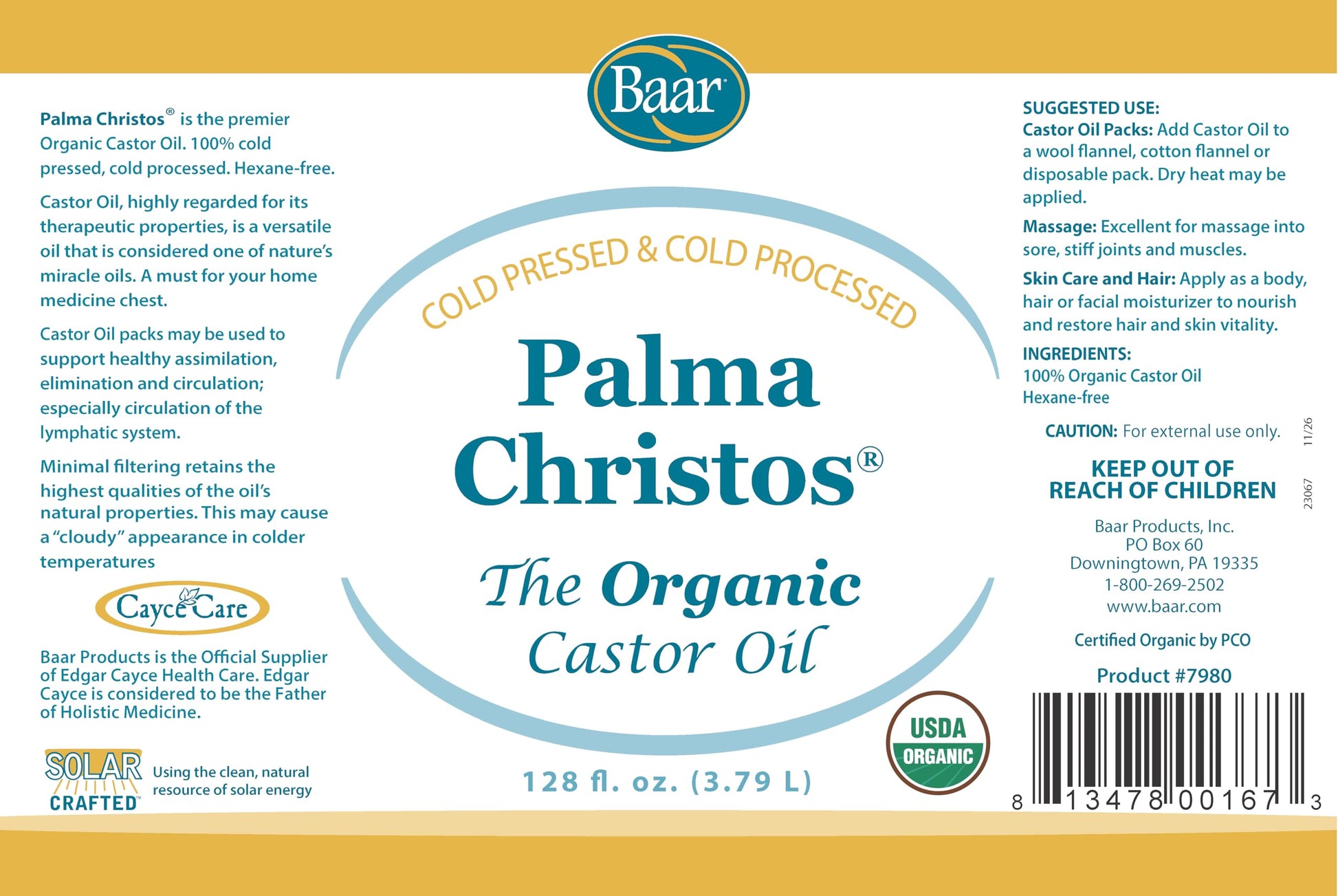 Baar Aceite de ricino orgánico, 100% puro, prensado en frío, sin hexanos, aceite de ricino orgánico para cabello, pestañas, cejas, paquetes, piel, eliminaciones y muchos más. Exclusivo Palma Christos marca, 3.78 L