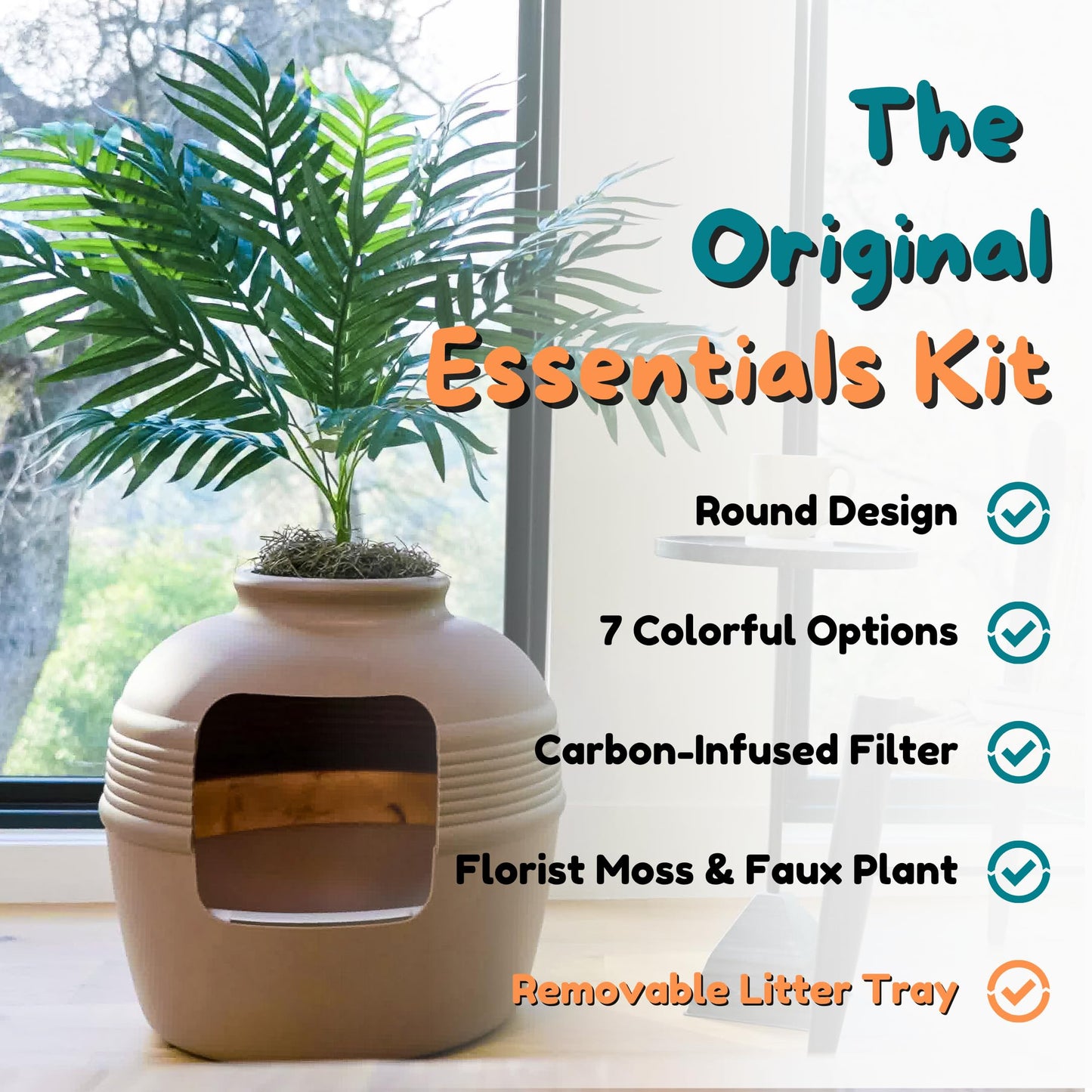 Good Pet Stuff, Caja de Arena Oculta Original y Kit Esencial de Forro Reutilizable, Caja de Arena Redonda Cerrada para Gatos con Plantas Artificiales, Sistema de Filtro de Olor a Carbono ventilado,