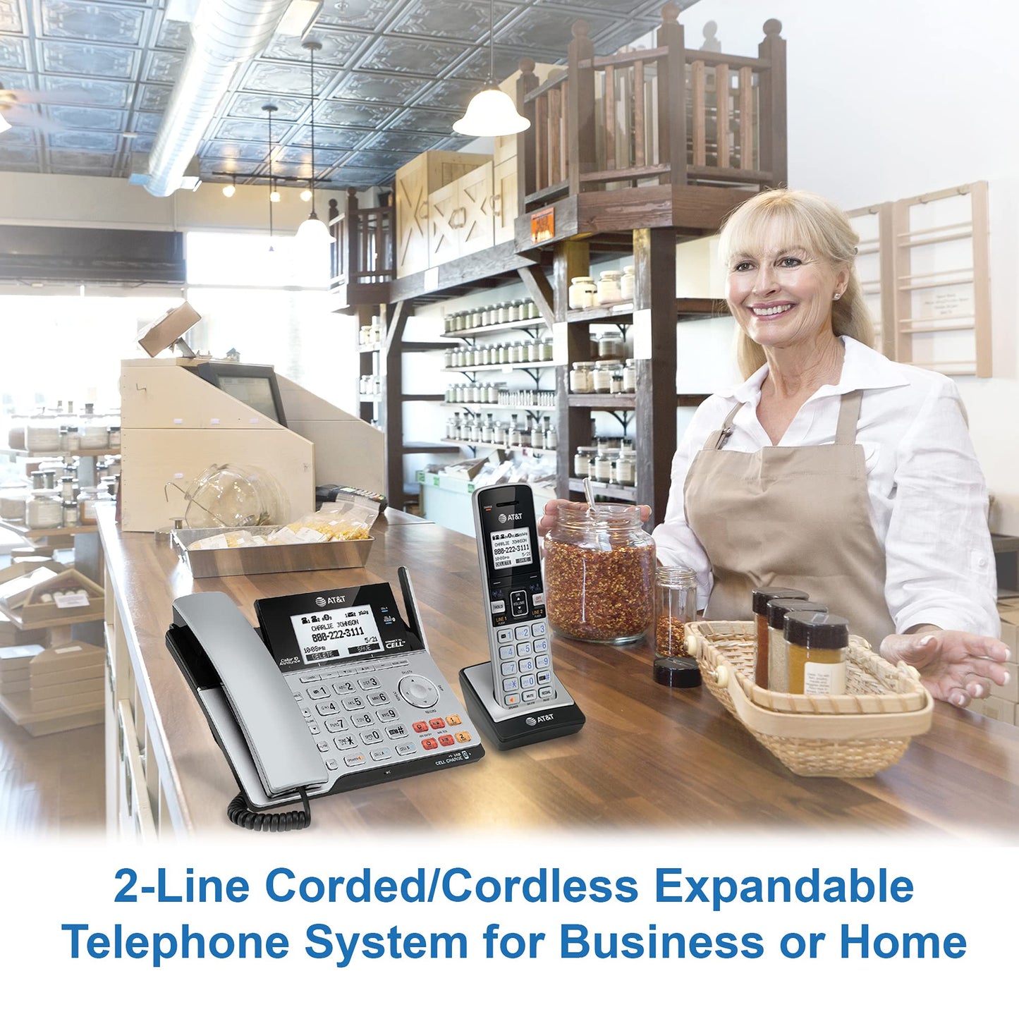 AT&T TL86103 DECT 6.0 Connect to Cell 2 Line Answering System with Caller ID/Call Waiting, 1 Corded & 1 Cordless Handset, Silver/Black