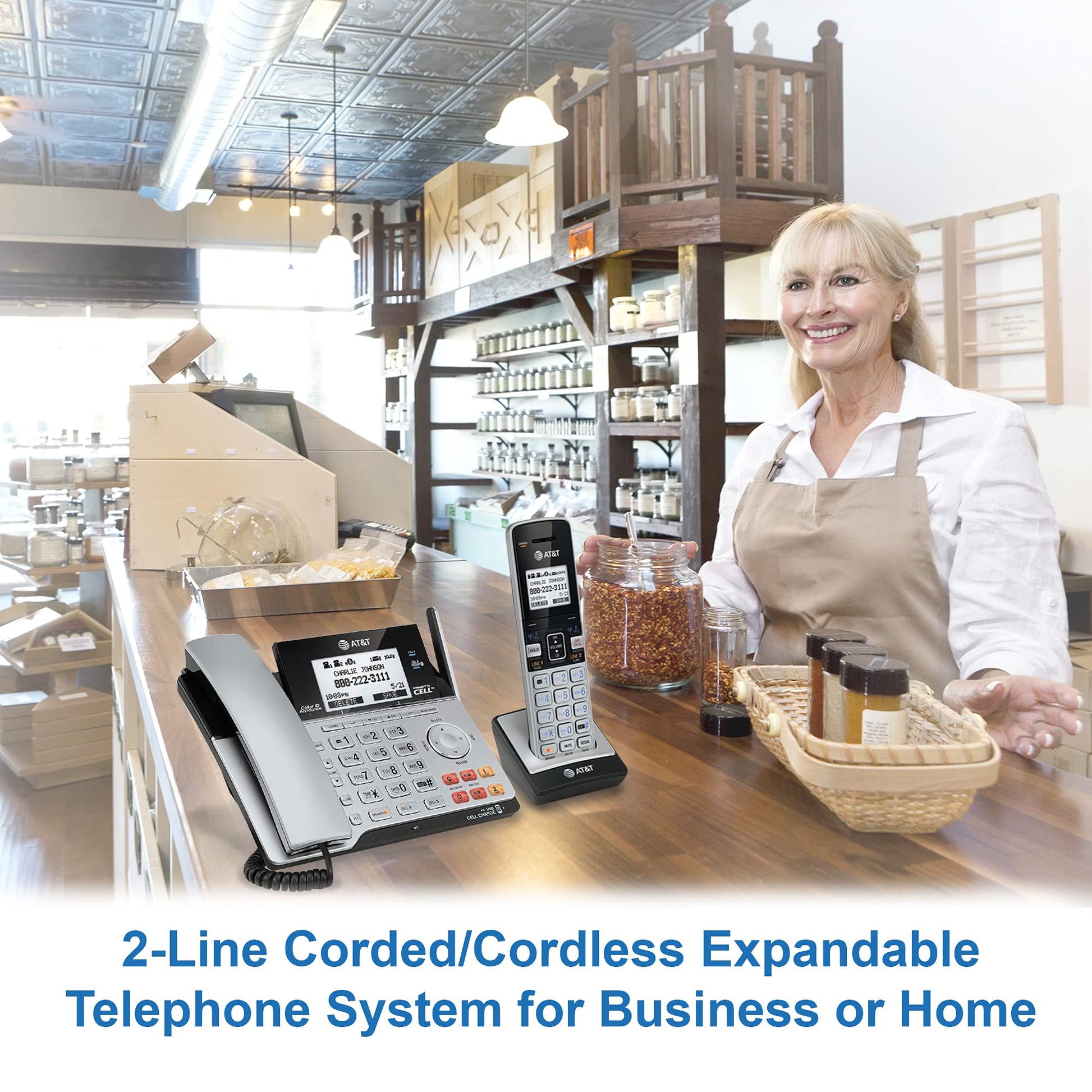 AT&T TL86103 DECT 6.0 Connect to Cell 2 Line Answering System with Caller ID/Call Waiting, 1 Corded & 1 Cordless Handset, Silver/Black