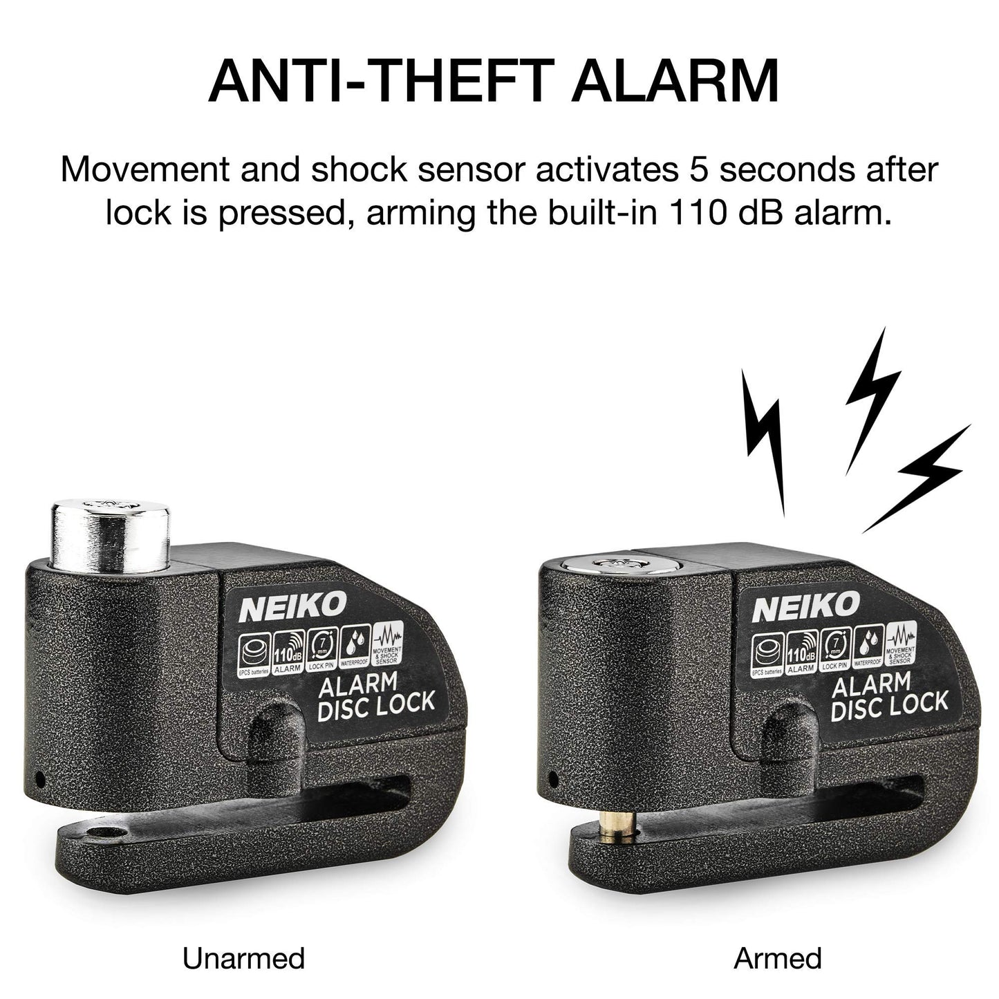 NEIKO 52908A - Candados de motocicleta antirrobo con alarma, bloqueo de disco de motocicleta con alarma, sensor de movimiento antirrobo, freno de bloqueo de seguridad, bloqueo de alarma universal para motocicletas, bicicletas y más