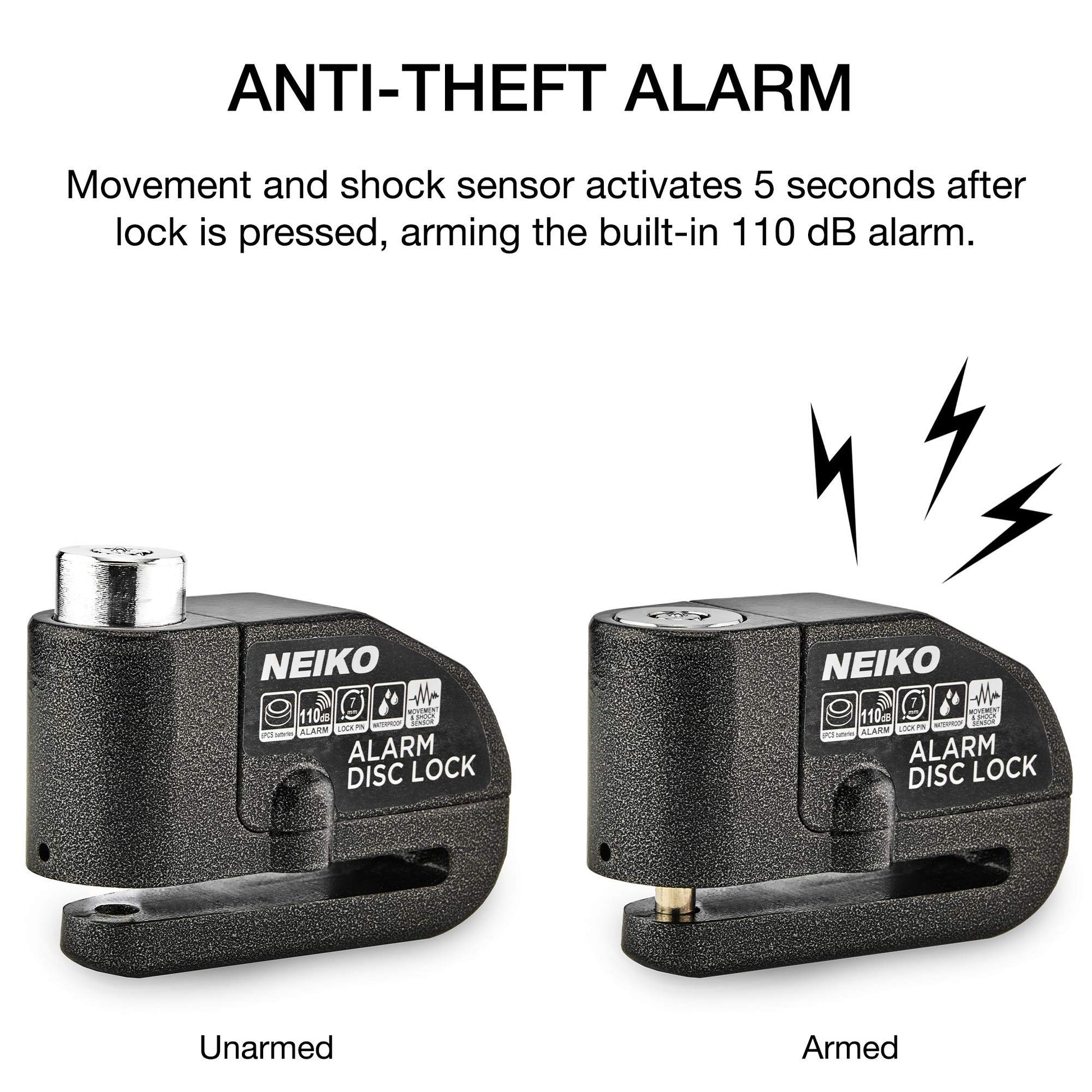 NEIKO 52908A - Candados de motocicleta antirrobo con alarma, bloqueo de disco de motocicleta con alarma, sensor de movimiento antirrobo, freno de bloqueo de seguridad, bloqueo de alarma universal para motocicletas, bicicletas y más