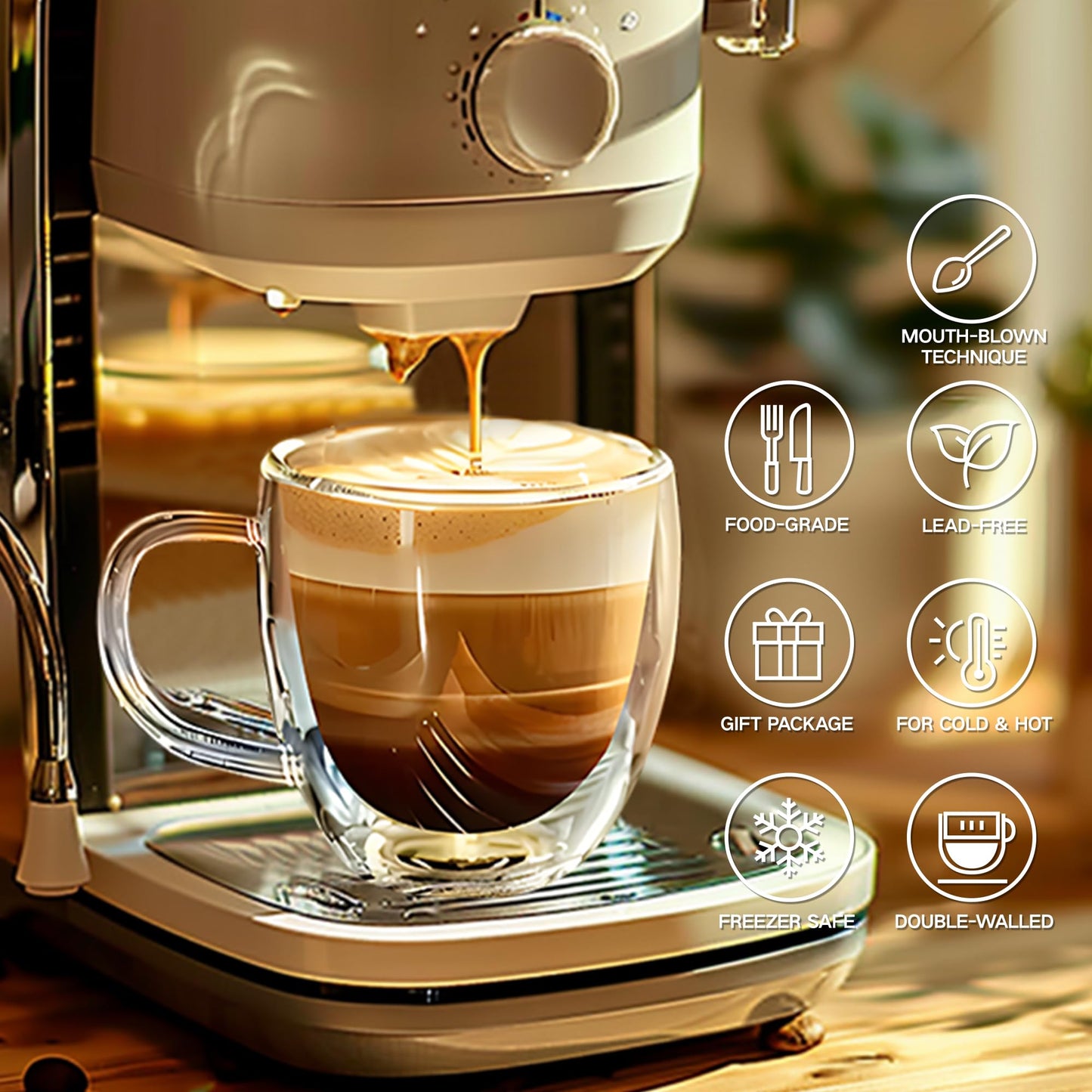 Juego de Tazas de Café YMMIND Transparente de Vidrio de Doble Pared con Asa para Bebidas Calientes