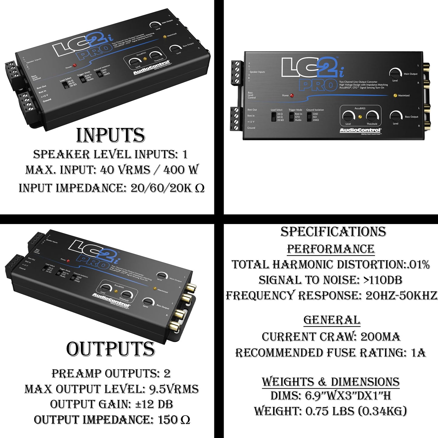 Kit Convertidor de Salida de Línea Elite Audio AccuBASS LC2iPro y Cable RCA 16 Pies
