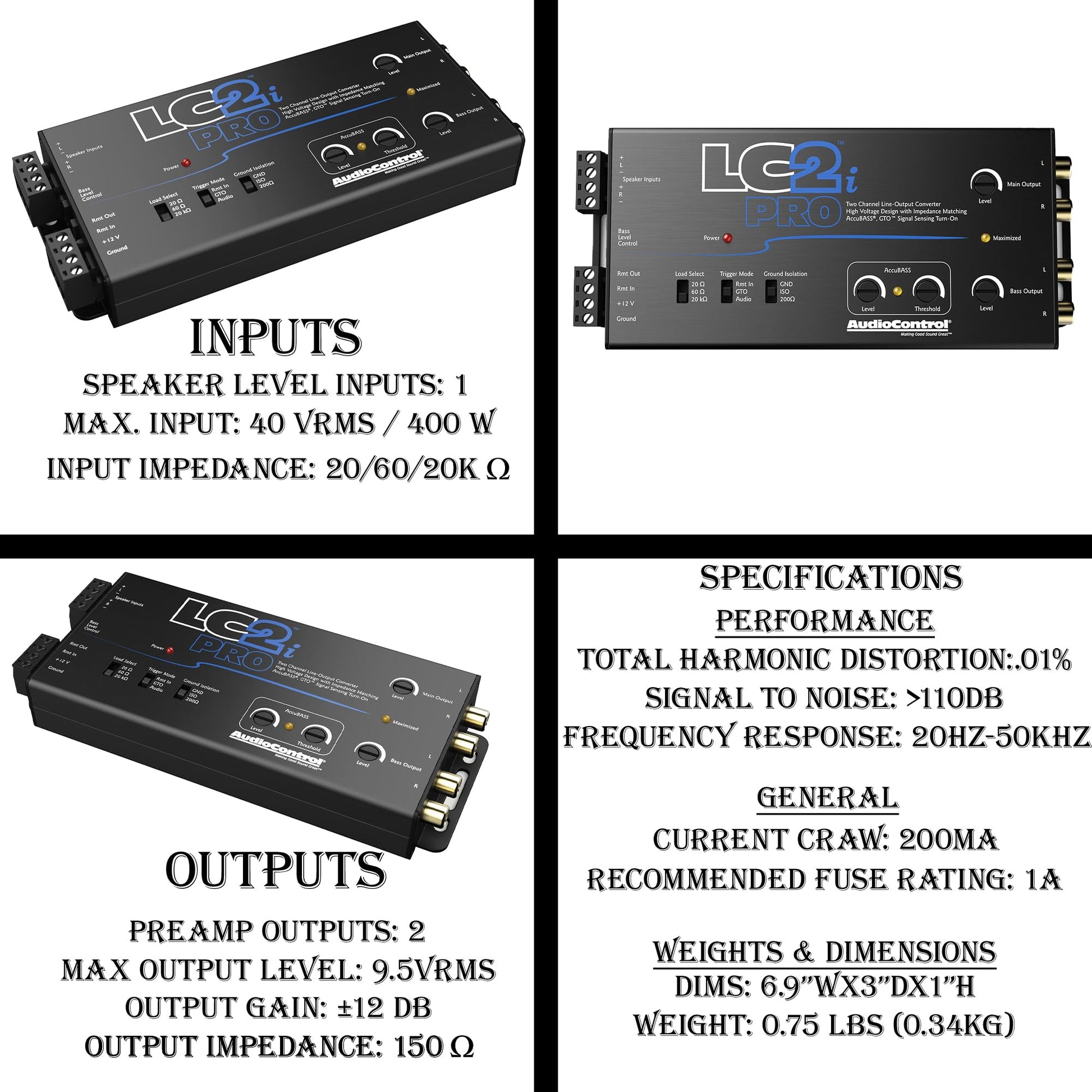 Kit Convertidor de Salida de Línea Elite Audio AccuBASS LC2iPro y Cable RCA 16 Pies