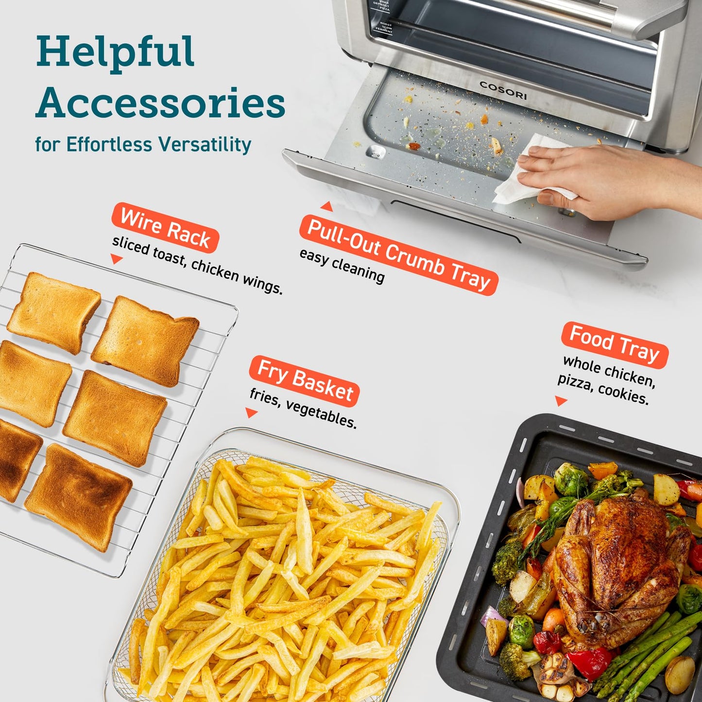 COSORI Smart 12 en 1 Freidora de aire Horno tostador, encimera de horno de convección Airfryer, hornear, asar, recalentar, pollos de engorde, deshidratar, 75 recetas y 3 accesorios, 26 cuartos de