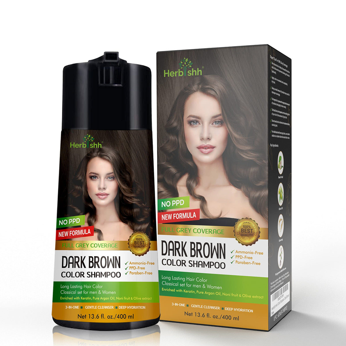 Herbishh Champú de color para cabello gris - Champú y acondicionador para teñir el cabello - Larga duración, cobertura completa de canas y bricolaje (Dark Brown) 400ml