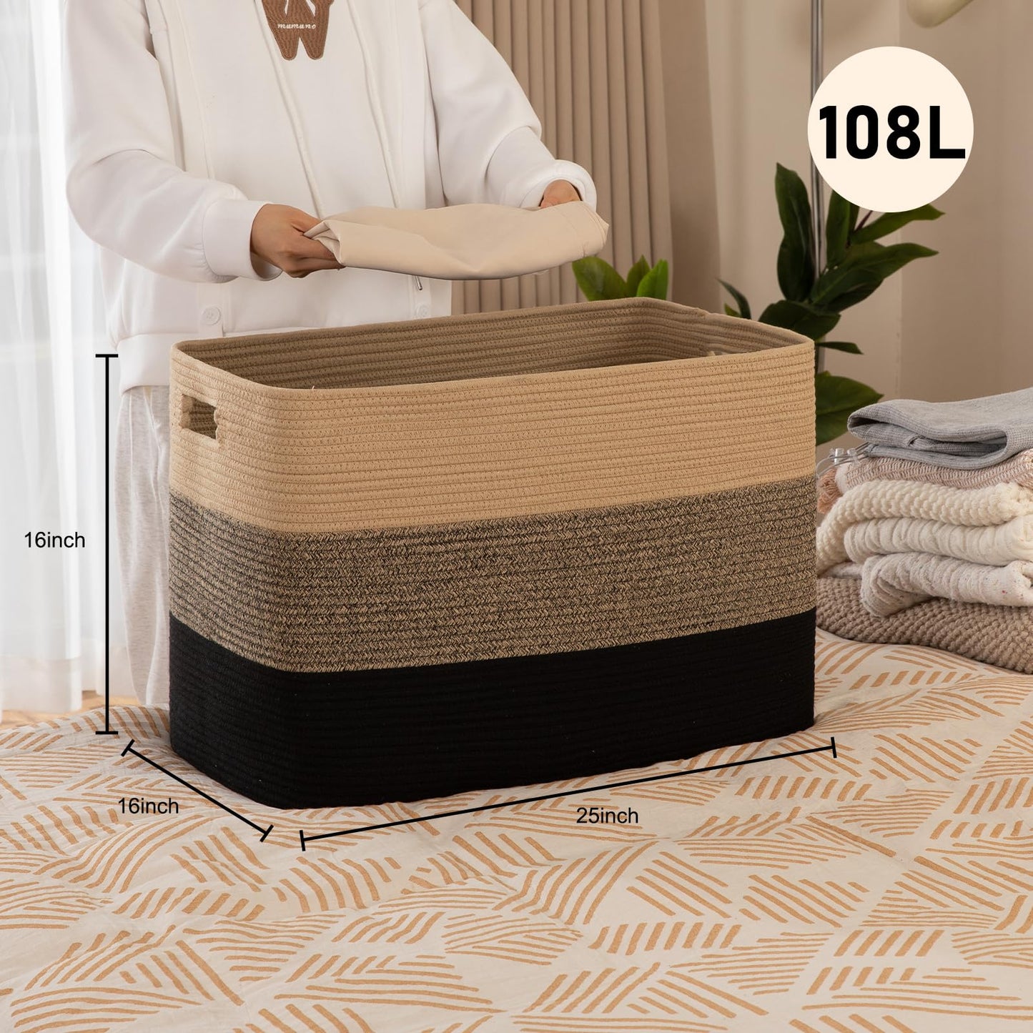OIAHOMY - Cesta de manta súper grande de 108 litros, 25 x 16 x 16 pulgadas, cestas tejidas rectangulares para almacenamiento, cesta de cuerda de algodón para sala de estar, almacenamiento de juguetes