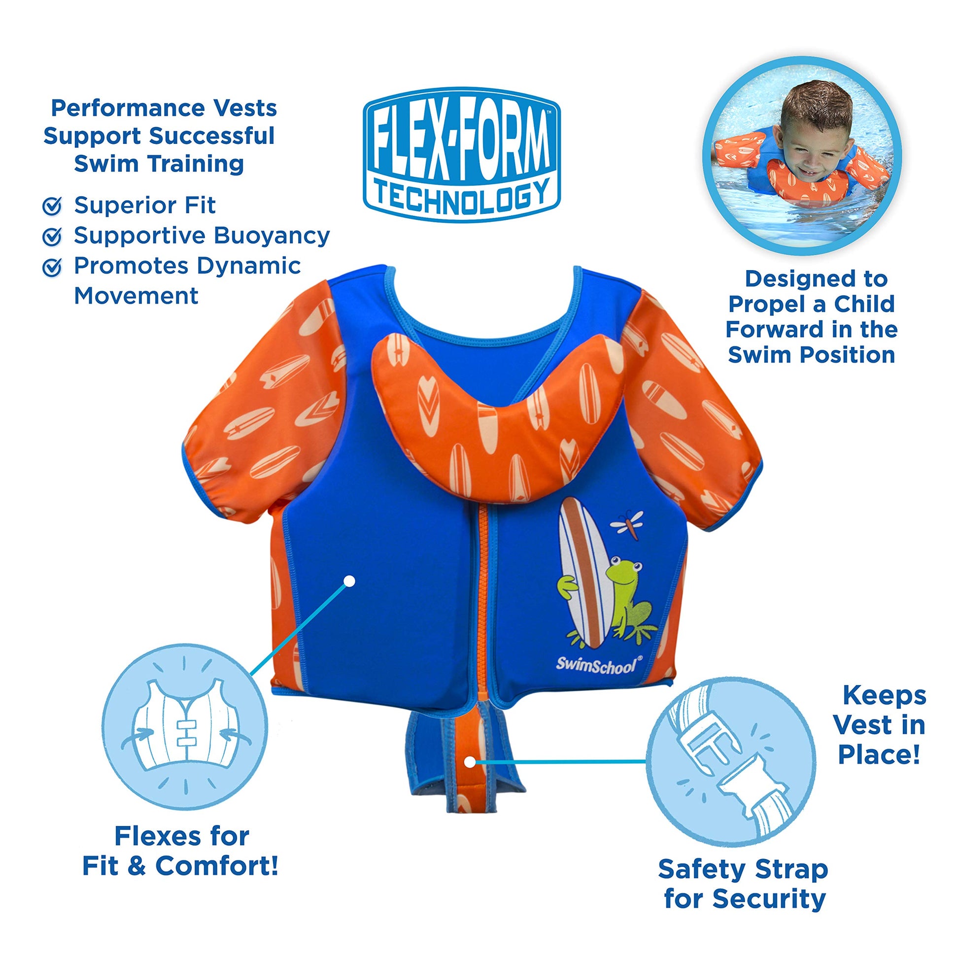 Chaleco de Entrenamiento de Natación SwimSchool Azul Naranja con Mangas en los Hombros para Niño/a (UPF50)