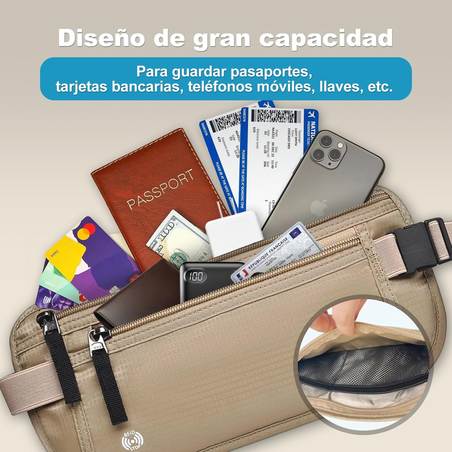 Cinturón de Viaje con Tecnología Bloqueo RFID, Cangurera Mujer y Hombres con Soporte Delgado para Pasaporte y Cremallera Invisible, Riñonera para Viaje, Deporte, Running, Ejercicio (Caqui)
