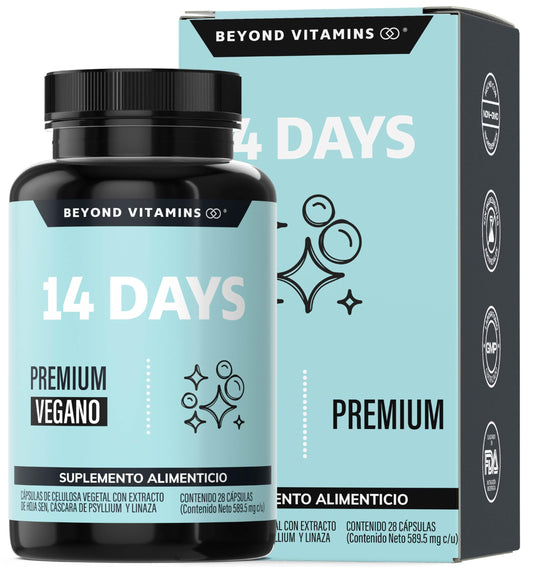 Beyond Vitamins | 14 Days | Avanzado para Hombres y Mujeres con Cascara Sagrada, Psyllium Husk, Hoja Sen & Probióticos | Vegano | 28 Capsules 1-2 cápsulas por día