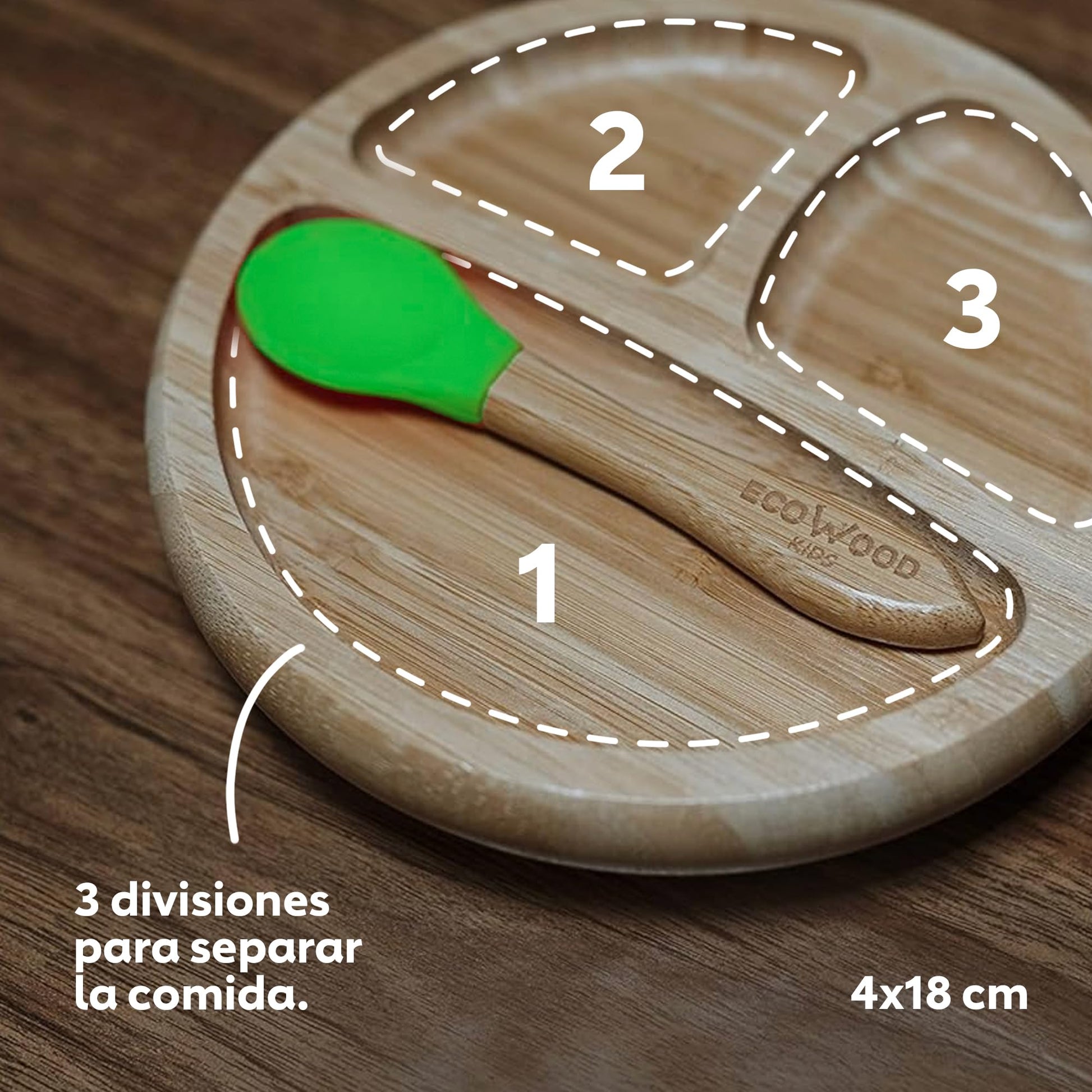 Ecowood Plato Extendido de Bambú con Divisiones para Bebe y Niño Con Base de Silicona Succión Adherente y Antiderrapante - Plato para Bebé y Niño Incluye Cuchara de Bambú Color Verde