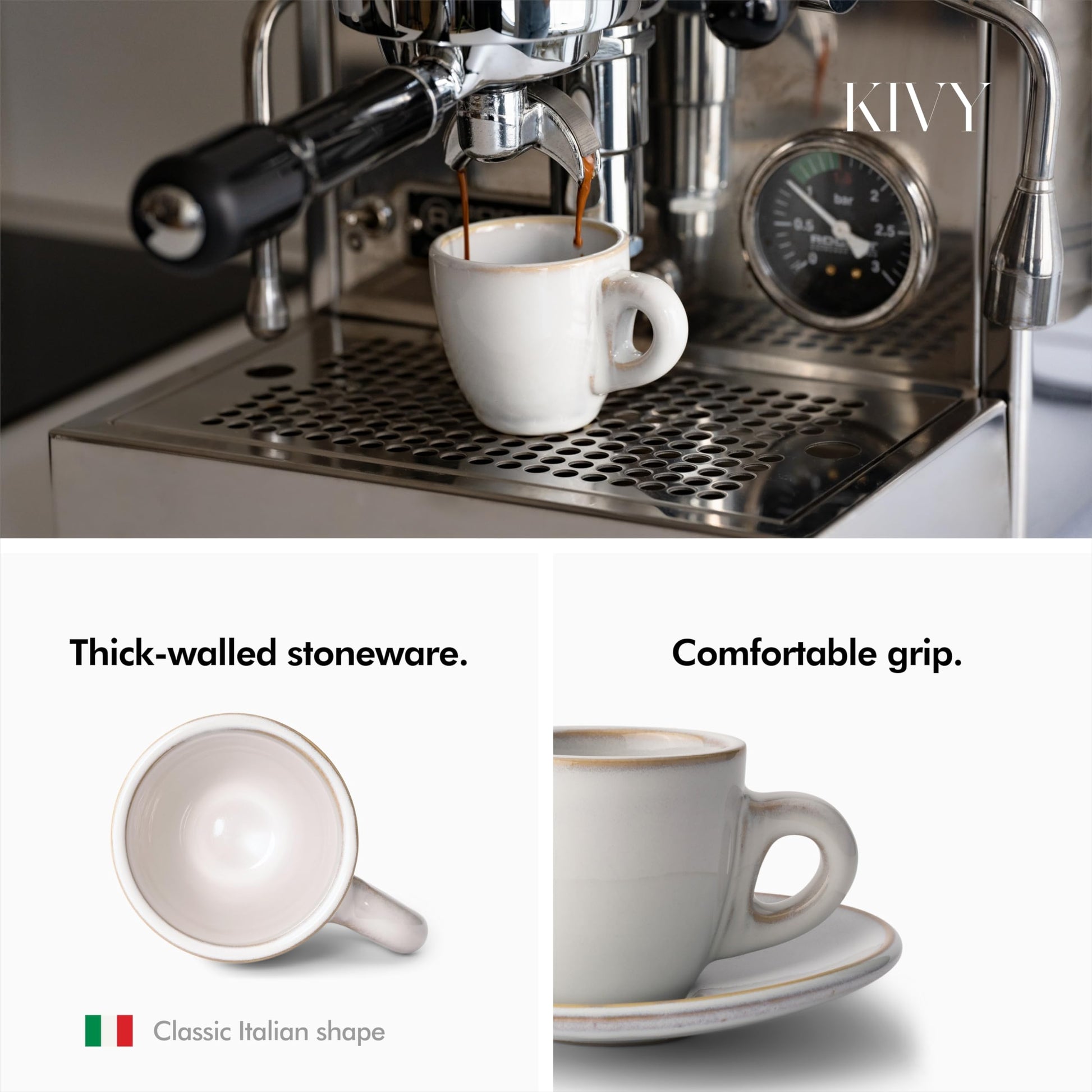 KIVY - Juego de 4 tazas de café expreso de gres de 3 onzas, tazas y platillos de demitasse de estilo italiano, color gris de pared gruesa