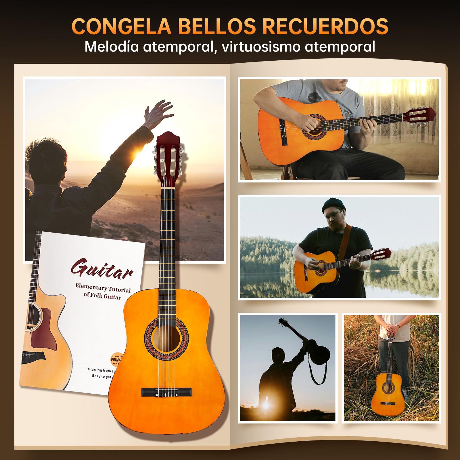 Guitarra Clasica 38 Pulgadas, Guitarra Acústica Bamboo, con Funda, Kit de Accesorios Incluido, para principiantes, Naranja