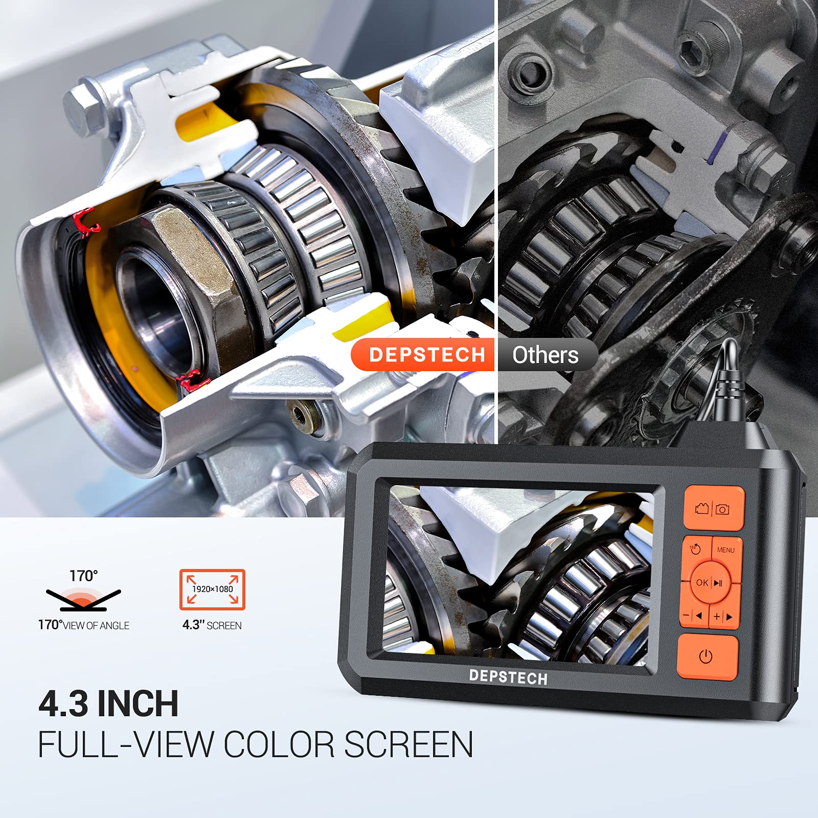 DEPSTECH Endoscopio industrial de 5,5 mm, cámara de inspección digital de boroscopio 1080P con visualización de 4,3 pulgadas, cámara de serpiente impermeable IP67 con luces, cable semirrígido de 16,5