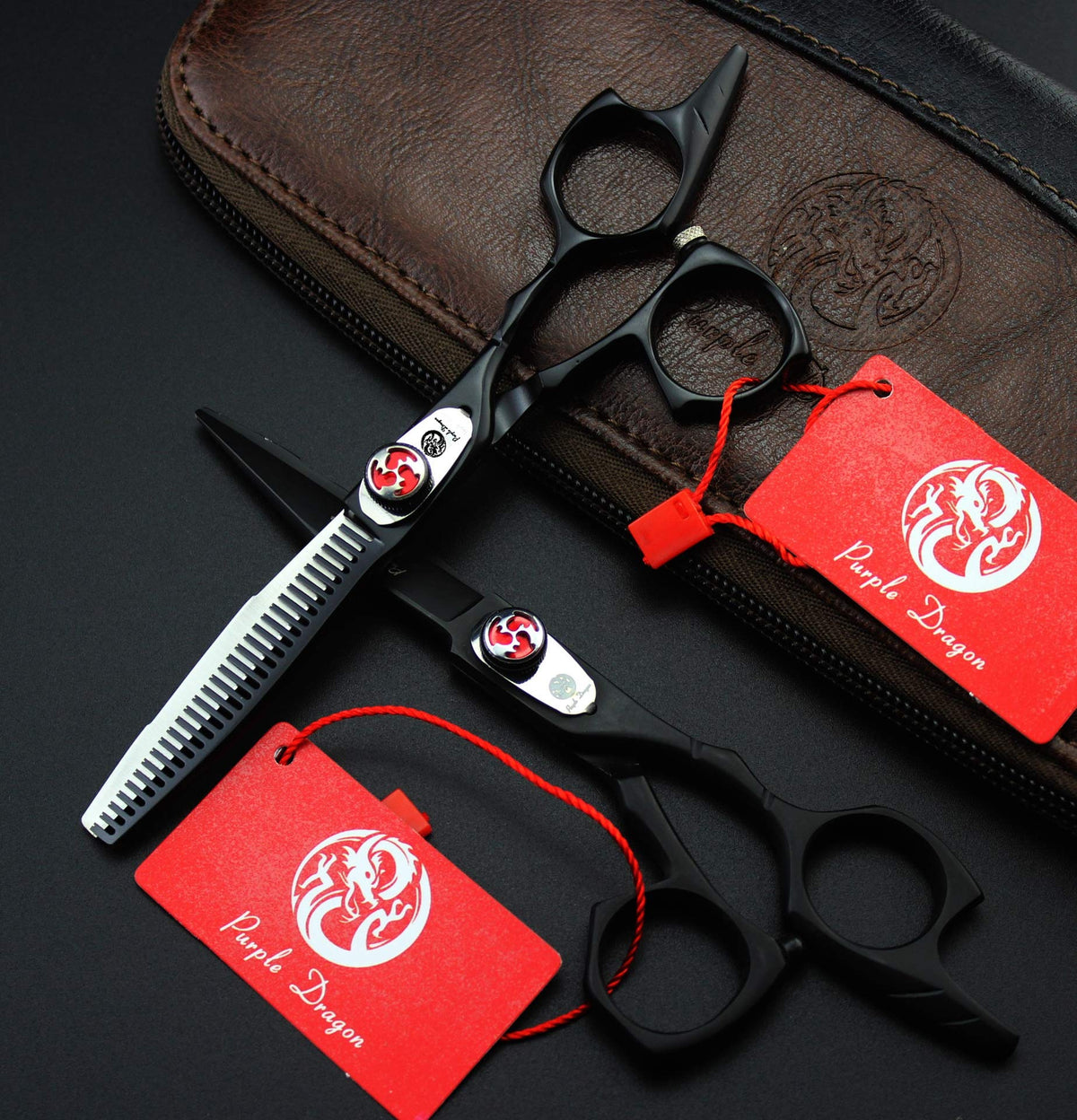 Purple Dragon Tijeras de Corte de Pelo y Tijeras de Adelgazamiento de Acero Inoxidable Japonés 440C, 14 cm, con Bolsa, Color Negro, Perfectas para Peluquería Profesional