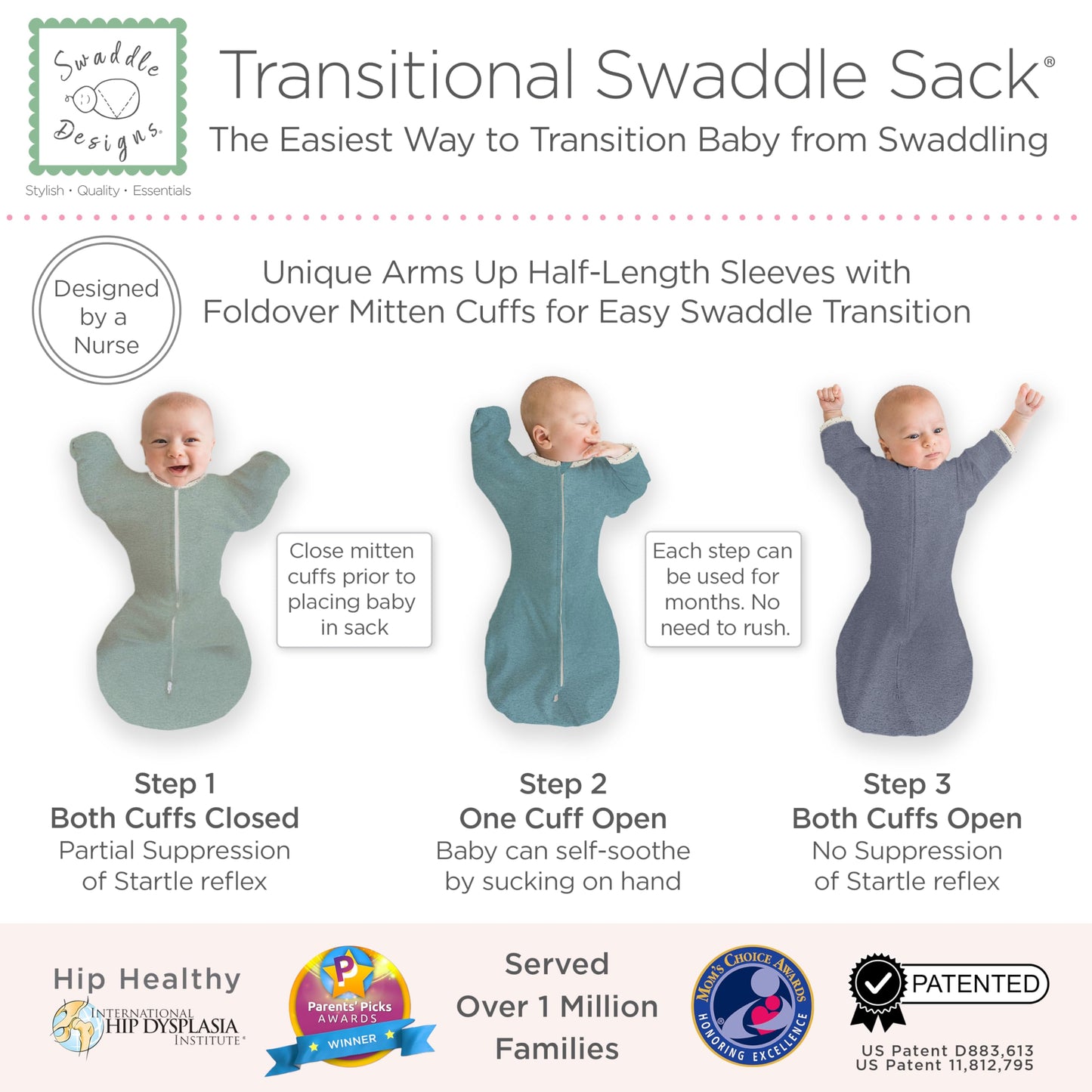SwaddleDesigns - Saco de Envolver transicional, Mangas de Media Longitud y puños de manopla, para la transición del recién Nacido al Saco de Dormir del bebé, Manta portátil, 3-6 Meses, 14-20 Libras,