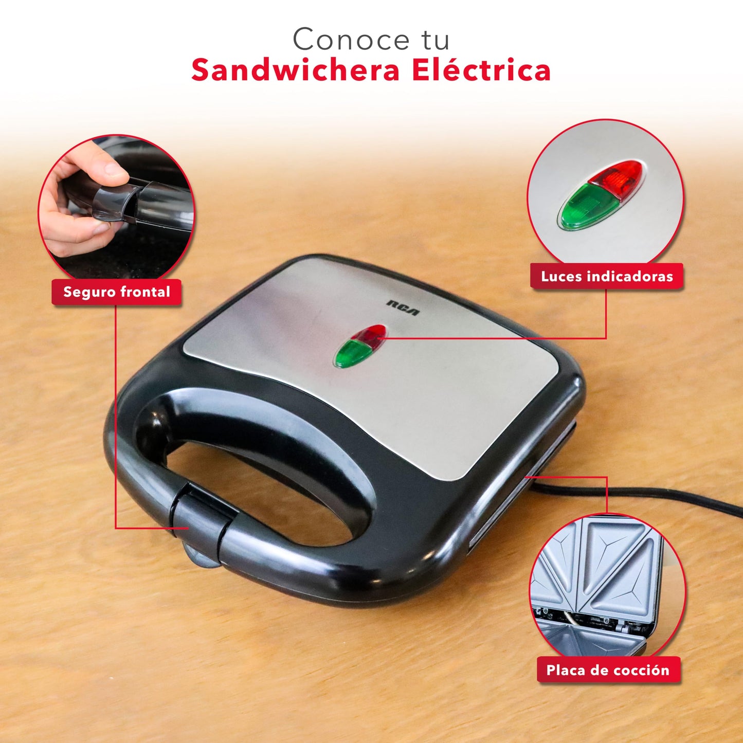 RCA Sandwichera Eléctrica RC-SW1, Placa Antiadherente, Doble Rebanada, Temperatura Ajustable, Luces Indicadoras, Seguro Frontal, Diseño Compacto y Acero Inoxidable, Ideal para Sándwiches y Desayunos