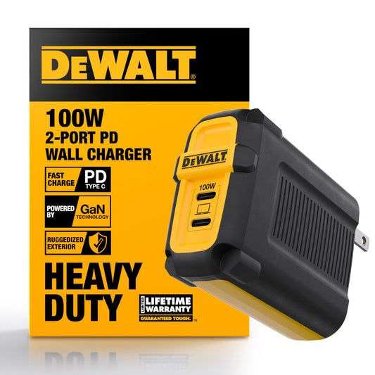 DEWALT 100W USB C Charger Block(GAN), Cargador de Pared Compacto rápido de 2 Puertos para MacBook Pro, MacBook Air, Google Pixelbook, ThinkPad, DELL XPS, iPad Pro, Galaxy S22/S20, iPhone 16/15/14/Pro