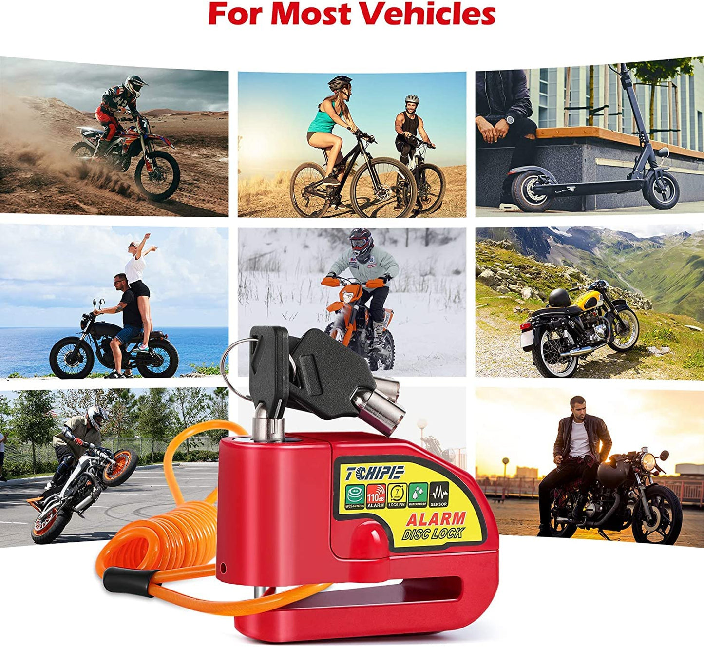 Candado de Alarma Impermeable PERANNU Rojo con Bloqueo de Freno de Disco y Alerta de 110 dB para Moto, Bicicleta y Scooter