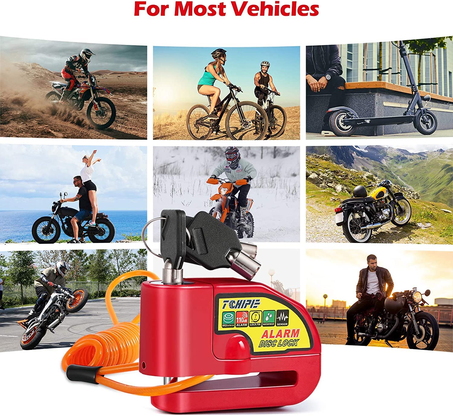 Candado de Alarma Impermeable PERANNU Rojo con Bloqueo de Freno de Disco y Alerta de 110 dB para Moto, Bicicleta y Scooter