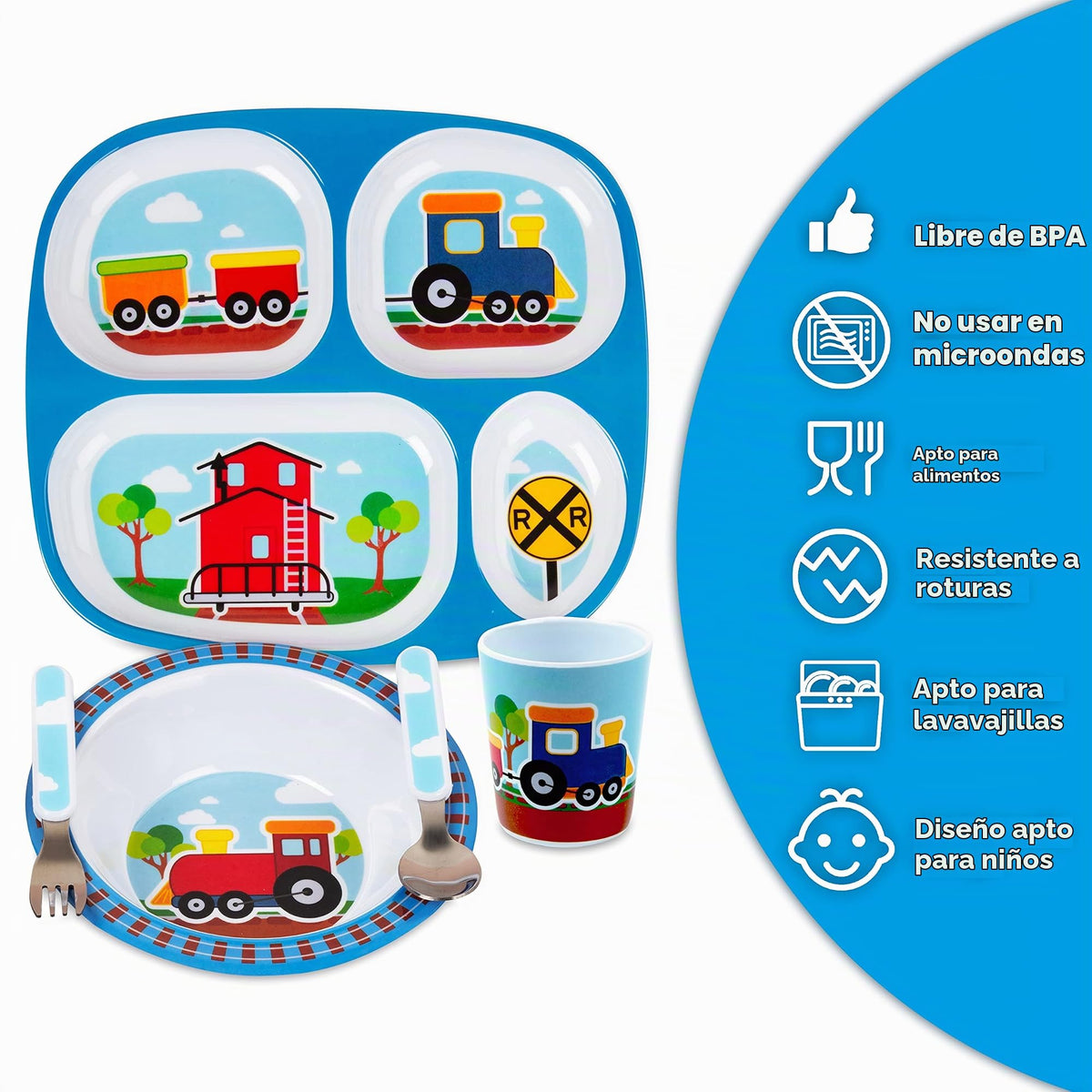 Bentology - Juego de vajilla infantil de 5 piezas, diseño de motor de tren