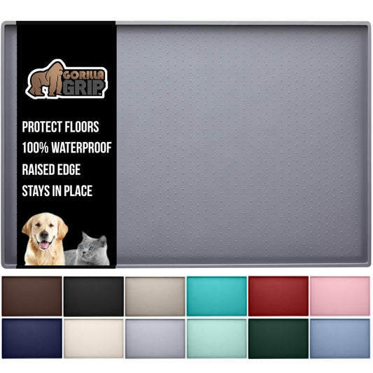 Gorilla Grip 100% Impermeable con Borde Elevado, Alfombrilla de alimentación de Silicona para Mascotas, sin BPA, Las Alfombrillas para Comida para Perros y Gatos contienen derrames, 16x10, Gray