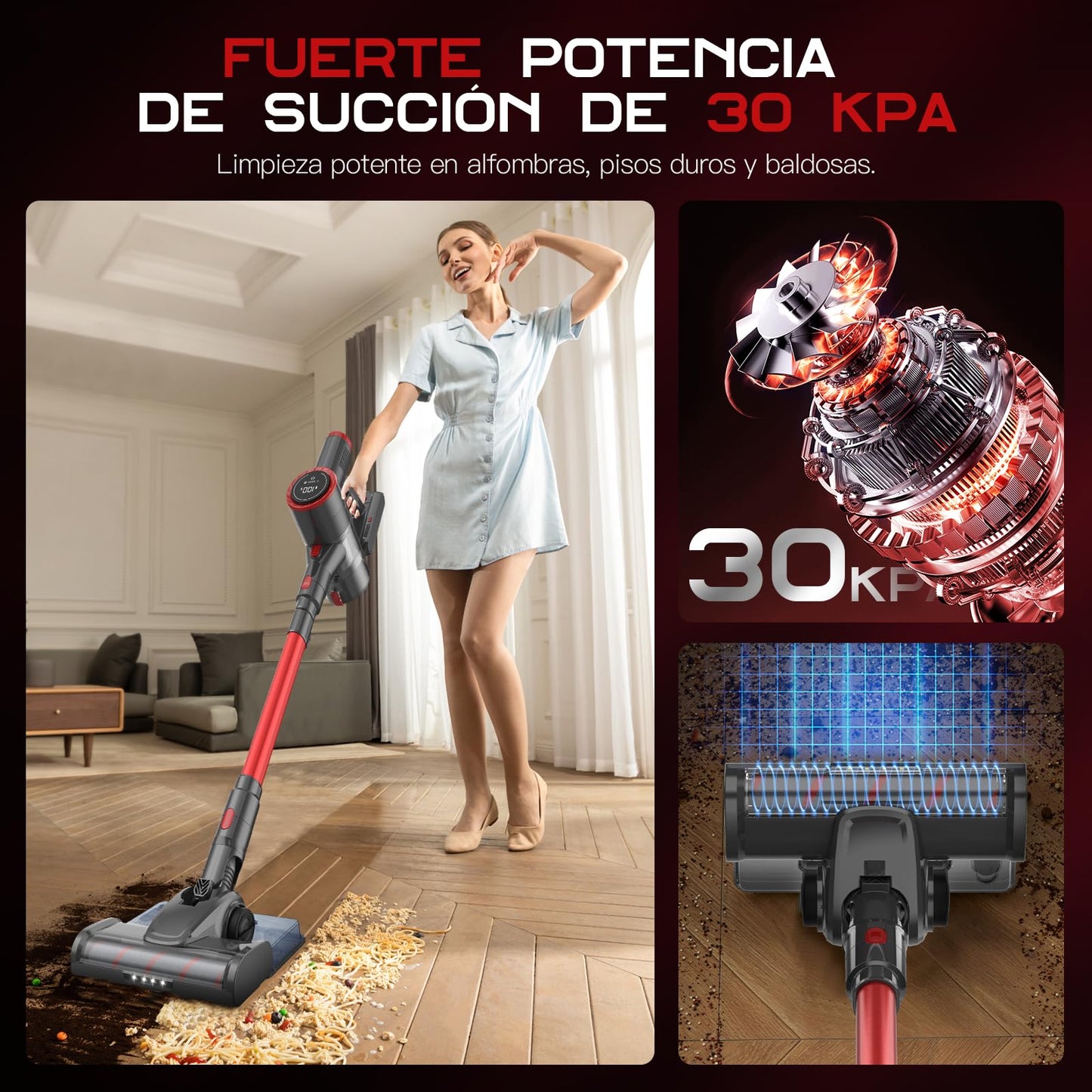 COYIVI 6 en 1 Aspiradora Inalámbrica, Aspirar y Trapear, 30Kpa Aspirador Vertical Sin Cable con Pantalla Táctil para Hogar, Aspiradora de Mano con Potente Succión para Alfombras/Suelos Duros/Pelo de Mascotas