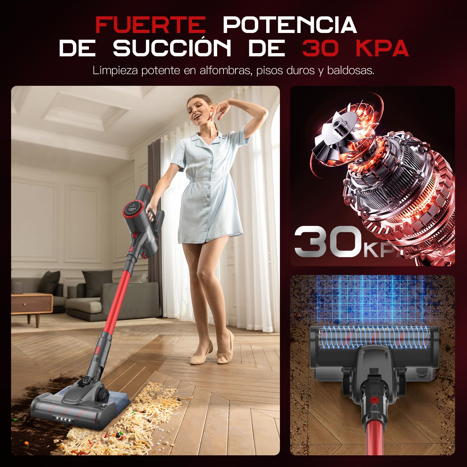 COYIVI 6 en 1 Aspiradora Inalámbrica, Aspirar y Trapear, 30Kpa Aspirador Vertical Sin Cable con Pantalla Táctil para Hogar, Aspiradora de Mano con Potente Succión para Alfombras/Suelos Duros/Pelo de Mascotas