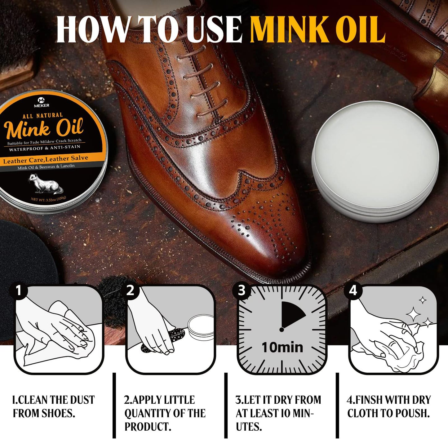MEKER Aceite de visón para botas de piel, acondicionador de piel y limpiador de 3.5 onzas, totalmente natural, impermeable, suavizan y restauran los zapatos, Blanco, 100g
