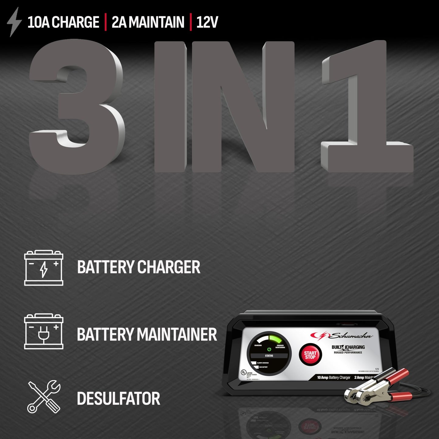 Schumacher Electric SC1282 Cargador de batería y mantenedor completamente automático para motocicletas, deportes de potencia, tractores de césped, coches, SUV y barcos, 10 amperios, 12 voltios, negro,