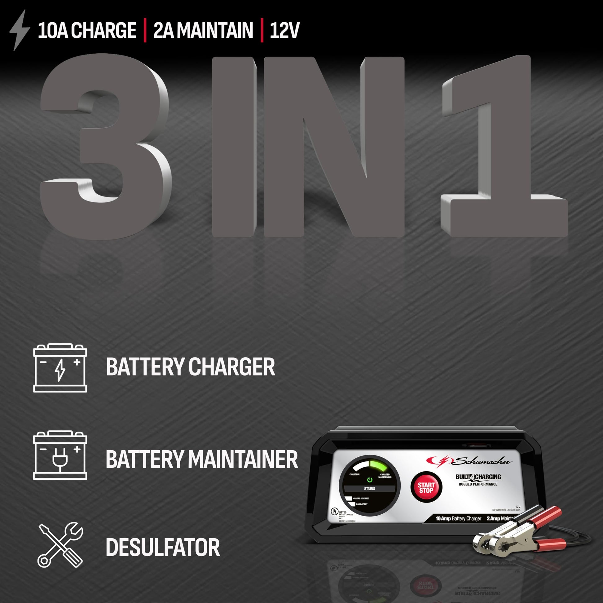 Schumacher Electric SC1282 Cargador de batería y mantenedor completamente automático para motocicletas, deportes de potencia, tractores de césped, coches, SUV y barcos, 10 amperios, 12 voltios, negro,