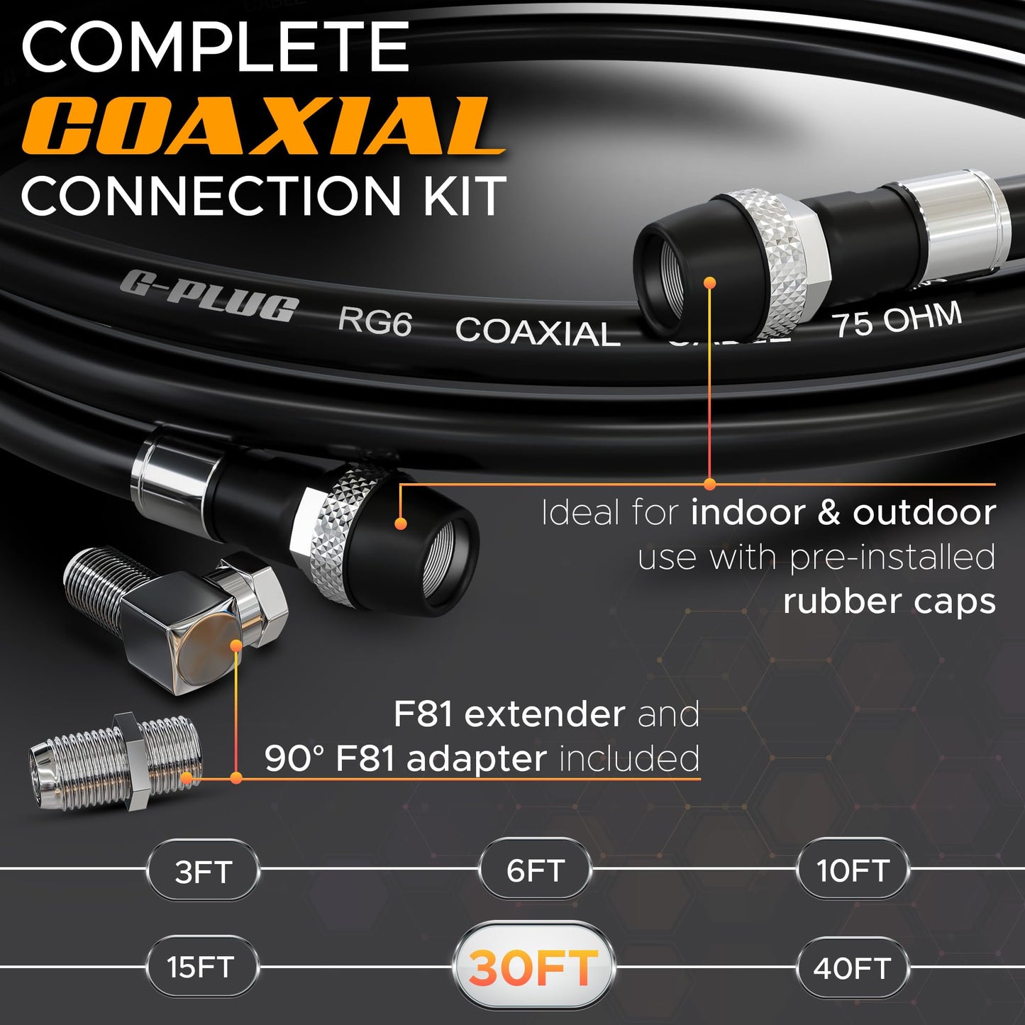 G-PLUG Cable Coaxial RG6 75 Ohm, Triple Blindaje, Impermeable, Conectores F Tipo Macho a Macho, Cable Antena TV, Satelital e Internet Banda Ancha, Incluye Acoplador F81, Negro