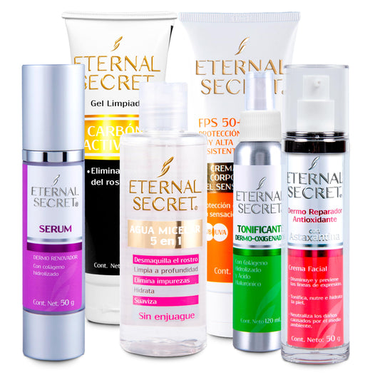 ETERNAL SECRET | KIT Belleza - Incluye 6 Productos de SkinCare | Limpiador Facial Espumoso - Agua Micelar - Vitamina C | Protector Solar Facial 50+ | Tonico Facial - Acido Hialuronico - Serum Facial
