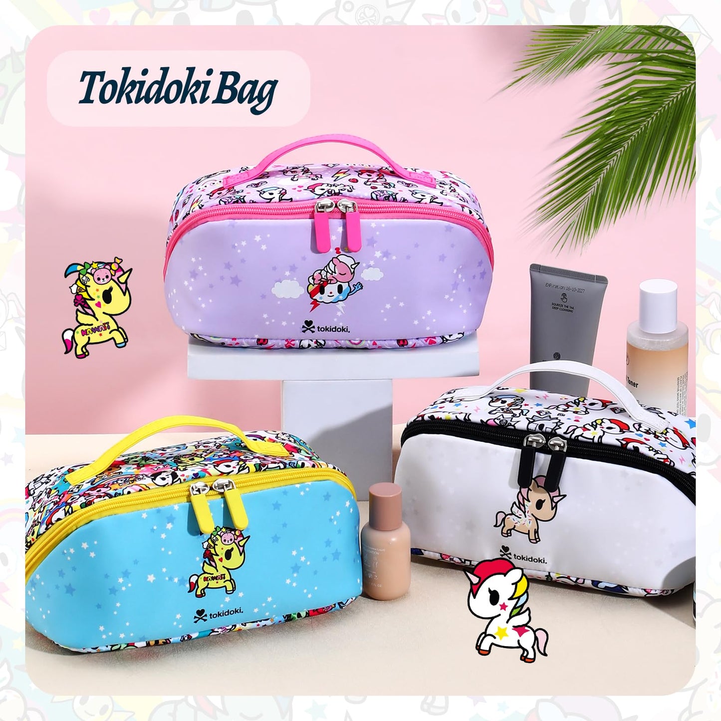 Tokidoki Unicorno Bolsa de maquillaje de viaje, bolsa de aseo plana abierta de gran capacidad, bolsa de cosméticos con asa y divisor, bolsa de maquillaje portátil de dibujos animados, Blanco